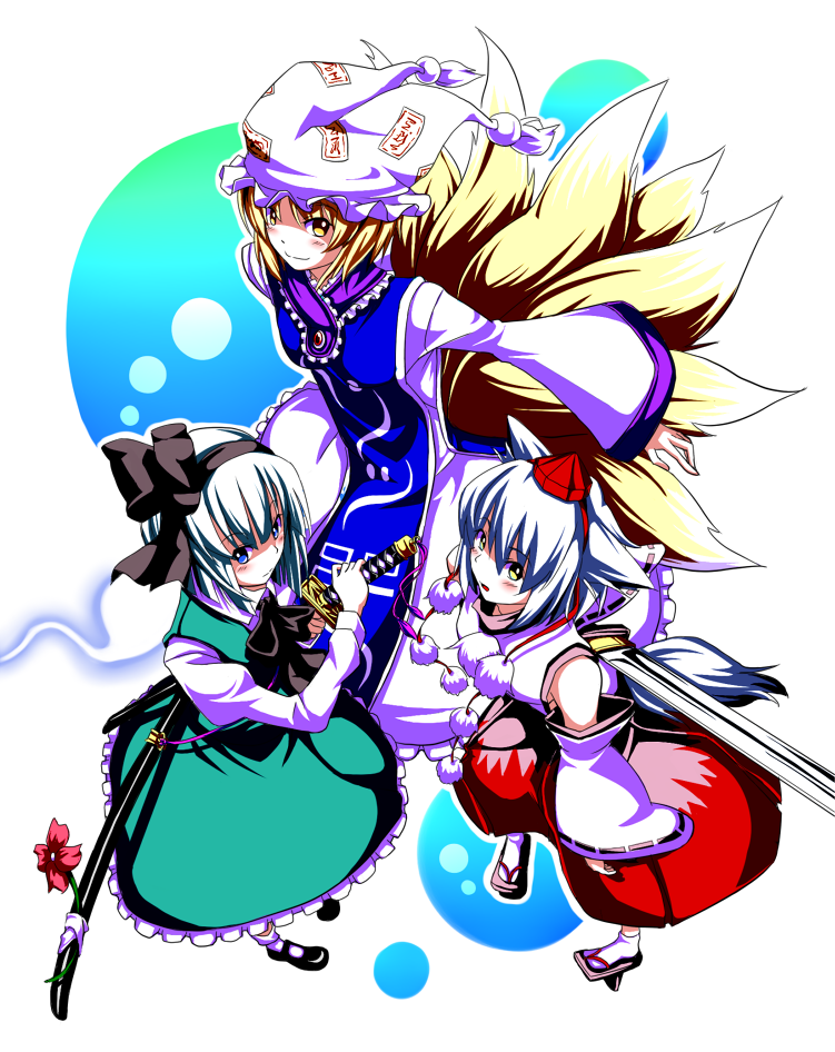 mendou saya, inubashiri momiji, konpaku youmu, konpaku youmu (ghost), yakumo ran, touhou, bad id, bad pixiv id, 3girls, animal ears, animal hat, blue eyes, female focus, flower, fox tail, geta, hairband, hat, hitodama, katana, long sleeves, mob cap, multiple girls, shoes, short hair, socks, sword, tail, tassel, tengu-geta, tokin hat, weapon, white background, white hair, wide sleeves, wolf ears, wolf tail, yellow eyes