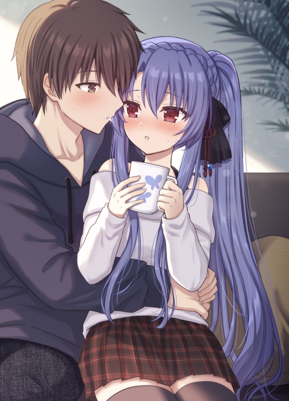 nakamura hinato, sorakado ao, takahara hairi, summer pockets, commentary request, highres, second-party source, 1boy, 1girl, alternate costume, alternate hairstyle, arms around waist, backlighting, bare shoulders, black bow, black hoodie, black thighhighs, blue hair, blush, bow, braid, brown eyes, brown hair, casual, collarbone, couch, couple, cowboy shot, crown braid, cup, eye contact, eyes visible through hair, hair between eyes, hair bow, hair ribbon, hands up, hetero, holding, holding cup, hood, hood down, hoodie, hug, imminent kiss, indoors, long hair, looking at another, miniskirt, mug, off-shoulder sweater, off shoulder, on couch, parted lips, plaid clothes, plaid skirt, pleated skirt, ponytail, red eyes, red ribbon, red skirt, ribbon, short hair, sidelocks, sitting, skirt, sleeves past wrists, spiked hair, straight hair, sweatdrop, sweater, thighhighs, very long hair, white sweater, zettai ryouiki