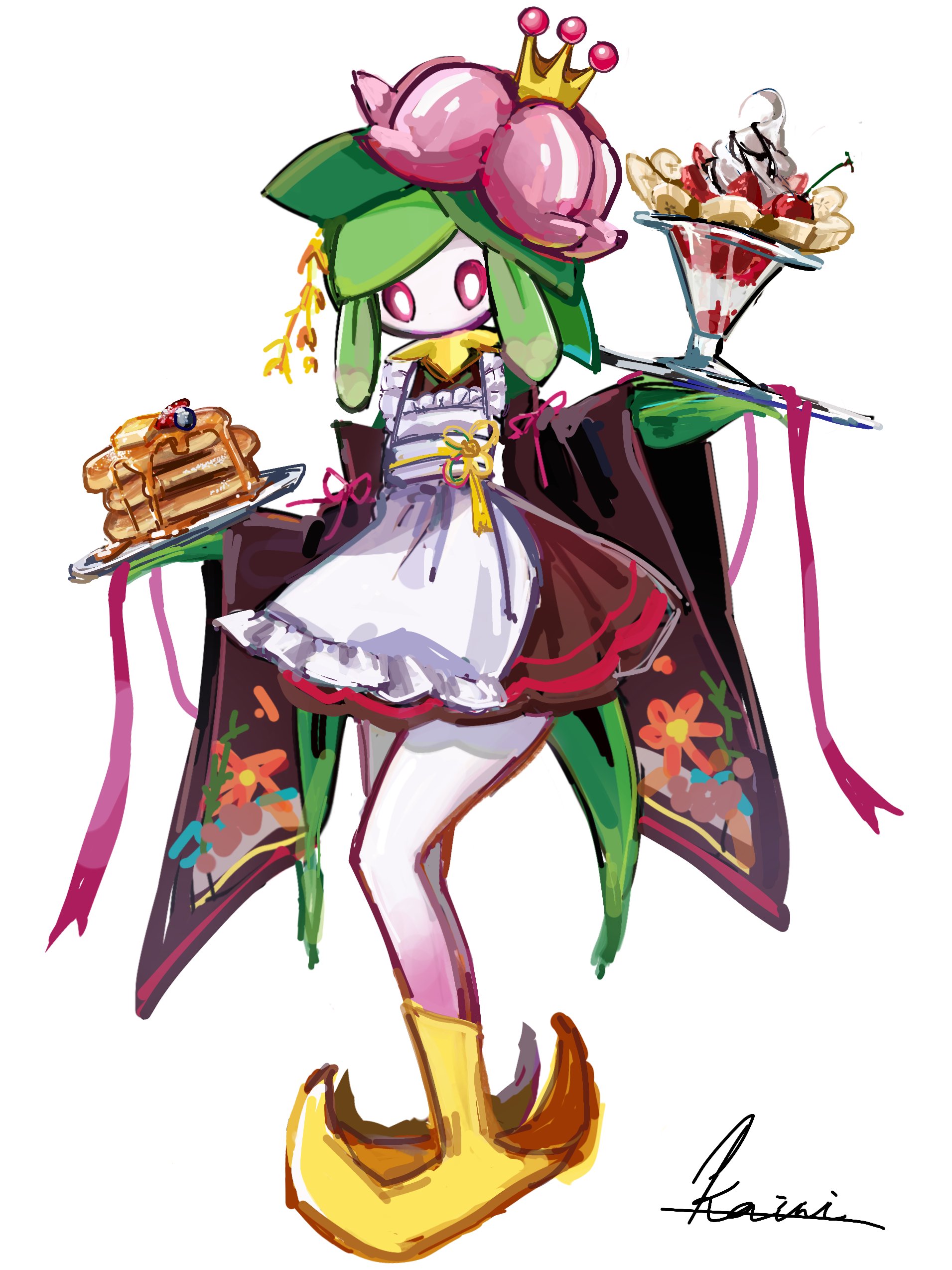 hisuian lilligant, nintendo, pokemon, absurdres, highres, 1girl, apron, banana, banana slice, bright pupils, brown kimono, clothed pokemon, colored skin, crown, flower, food, fruit, full body, green hair, green skin, hair flower, hair ornament, ice cream, japanese clothes, kairi 151, kimono, looking at viewer, maple syrup, monster girl, multicolored skin, no mouth, pancake, pancake stack, pink eyes, pink flower, pink ribbon, plant girl, pokemon (creature), ribbon, shoes, short hair, simple background, solo, standing, strawberry, sundae, white apron, white background, white pupils, white skin, yellow crown, yellow ribbon, yellow shoes