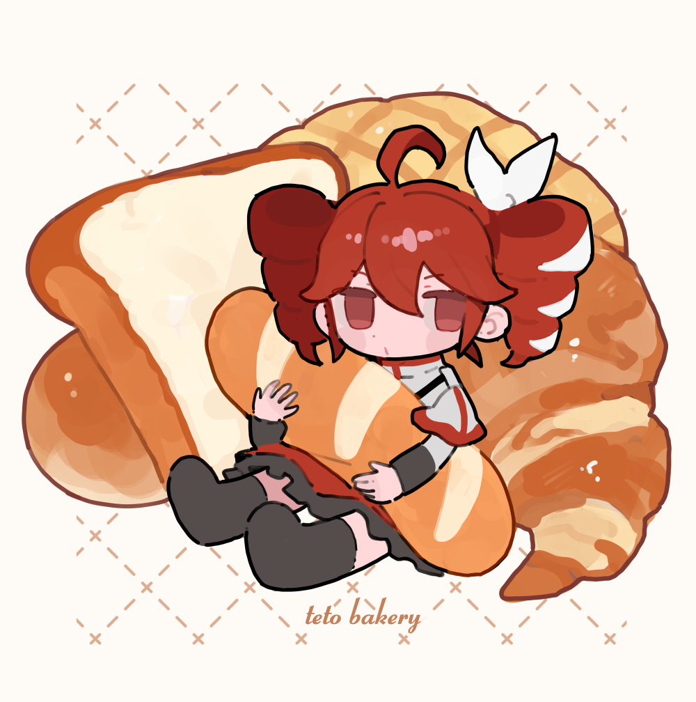 s1ho (ukiy0u0), kasane teto, kasane teto (sv), synthesizer v, utau, 1girl, baguette, black boots, boots, bread, bread slice, chibi, chibi only, croissant, drill hair, food, headband, holding, holding food, long sleeves, looking at viewer, red eyes, red headband, sitting, solo, toast, twin drills