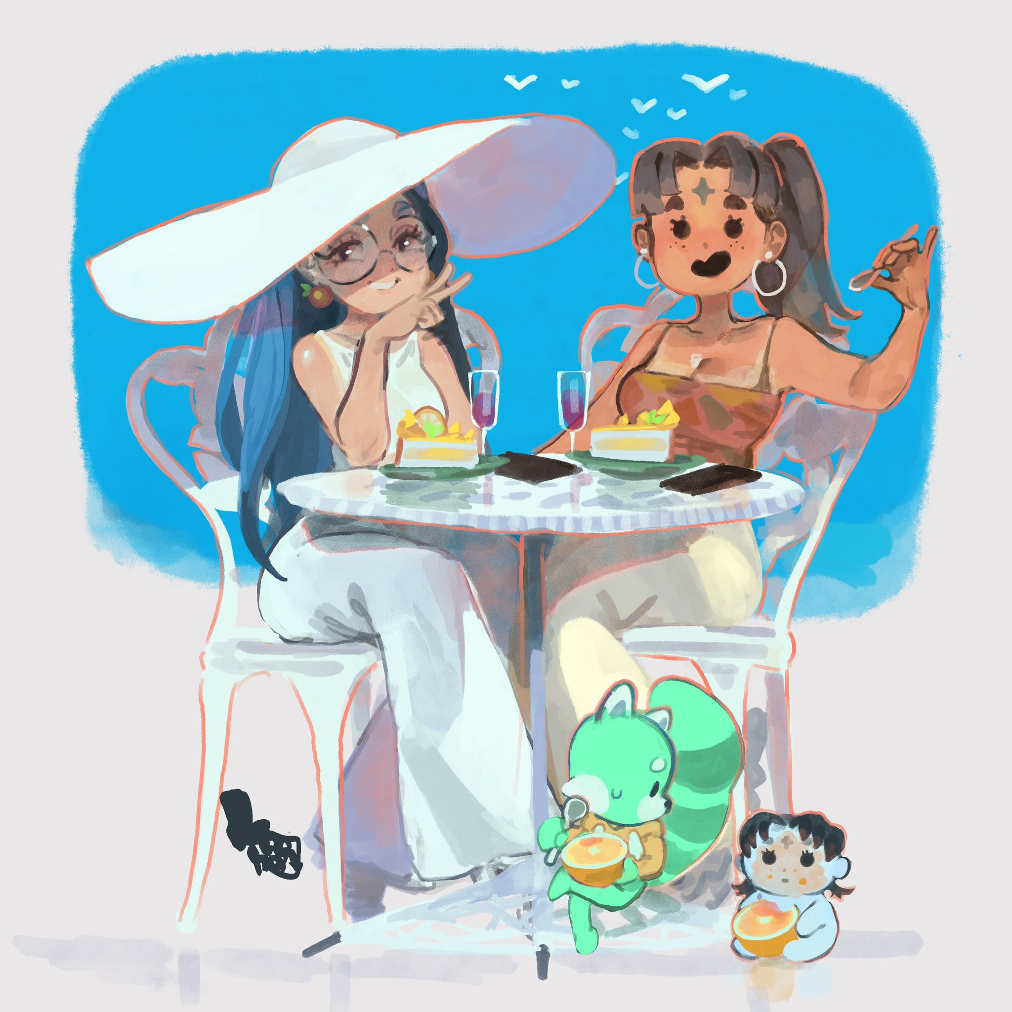 keziedra, sofia (gaziter), original, highres, 2girls, alternate costume, bandeau, blue hair, borrowed character, breasts, brown hair, cake, cake slice, casual, chair, cleavage, cup, dress, drink, drinking glass, earrings, facial mark, food, food-themed earrings, food on face, food themed earrings, forehead mark, freckles, fruit, garlic (keziedra), garlic plushie, glasses, grin, hat, holding, holding food, holding fruit, holding spoon, hoop earrings, jewelry, long hair, multiple girls, on chair, open mouth, orange-shaped earrings, orange (fruit), orange outline, orange slice, outline, ponytail, round eyewear, sitting, sleeveless, sleeveless dress, smile, spoon, strapless, stuffed toy, sun hat, table, tan, tanline, tube top, v, white dress, white hat, wine glass