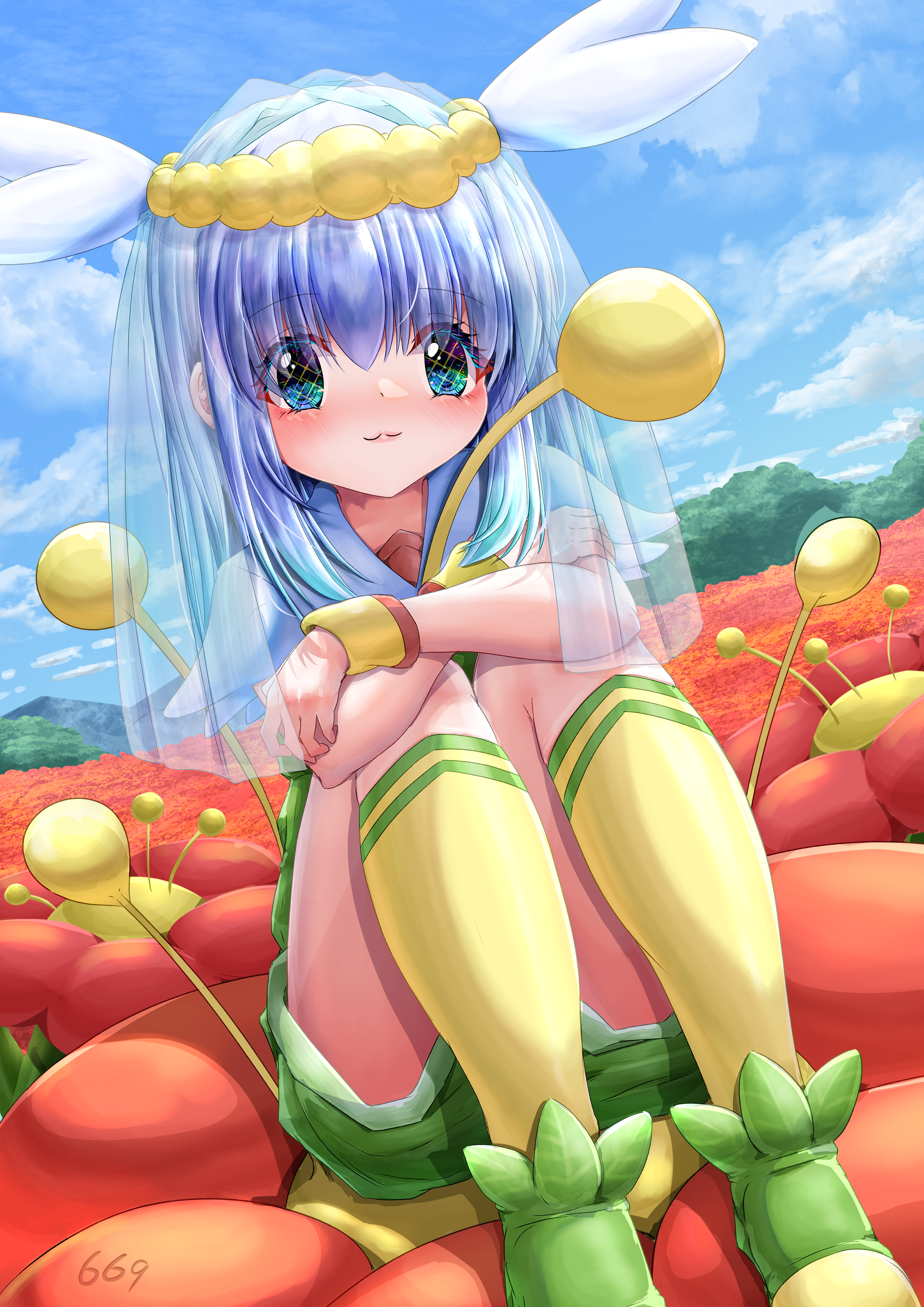 yellow-star-light, flabebe, nintendo, pokemon, absurdres, highres, 1girl, :3, blue eyes, blue hair, blush, cloud, day, field, flower, flower field, gen 6 pokemon, green shoes, hugging own legs, looking at viewer, medium hair, outdoors, personification, pokedex number, shoes, socks, solo, veil, wristband, yellow socks