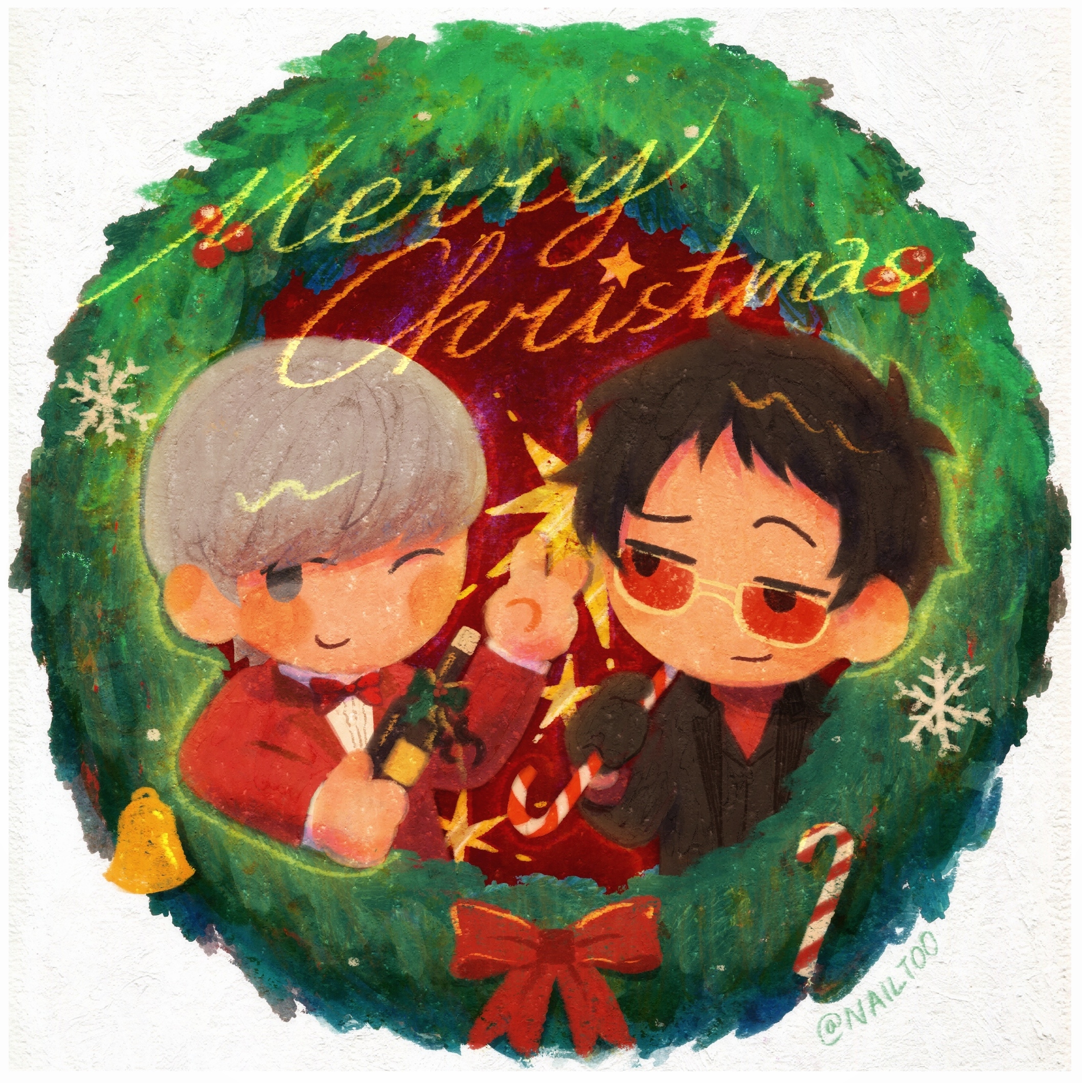 nailtoo, adachi tooru, narukami yu, persona, persona 4, chinese commentary, commentary request, highres, 2boys, bell, black hair, black jacket, bottle, bow, bowtie, candy, candy cane, christmas, christmas wreath, closed mouth, english text, food, glasses, grey eyes, grey hair, holding, holding bottle, holding candy, holding candy cane, holding food, jacket, long sleeves, looking at another, looking to the side, male focus, merry christmas, multiple boys, one eye closed, red-tinted eyewear, red bow, red bowtie, red jacket, short hair, simple background, smile, snowflakes, tinted eyewear, twitter username, upper body, v, white background, wreath