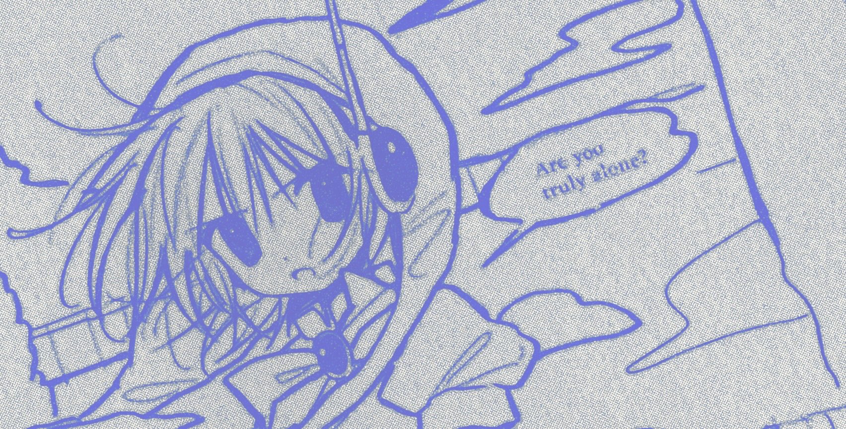 pepeppepe101, original, highres, 1girl, blue theme, english text, hat, headset, jester cap, looking at viewer, open mouth, solo, speech bubble