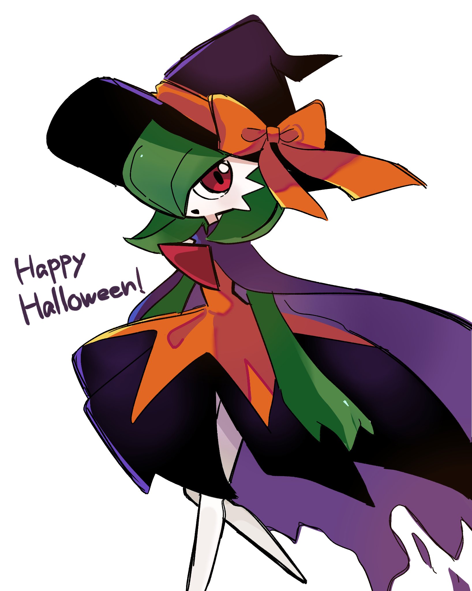 gardevoir, nintendo, pokemon, highres, 1girl, :d, black hat, bob cut, bow, cape, clothed pokemon, colored skin, dress, full body, gen 3 pokemon, green hair, green skin, hair over one eye, happy halloween, hat, hat bow, kairi 151, looking at viewer, multicolored skin, open mouth, orange bow, orange dress, pokemon (creature), purple cape, red eyes, short hair, simple background, smile, solo, standing, two-tone skin, white background, white skin, witch hat