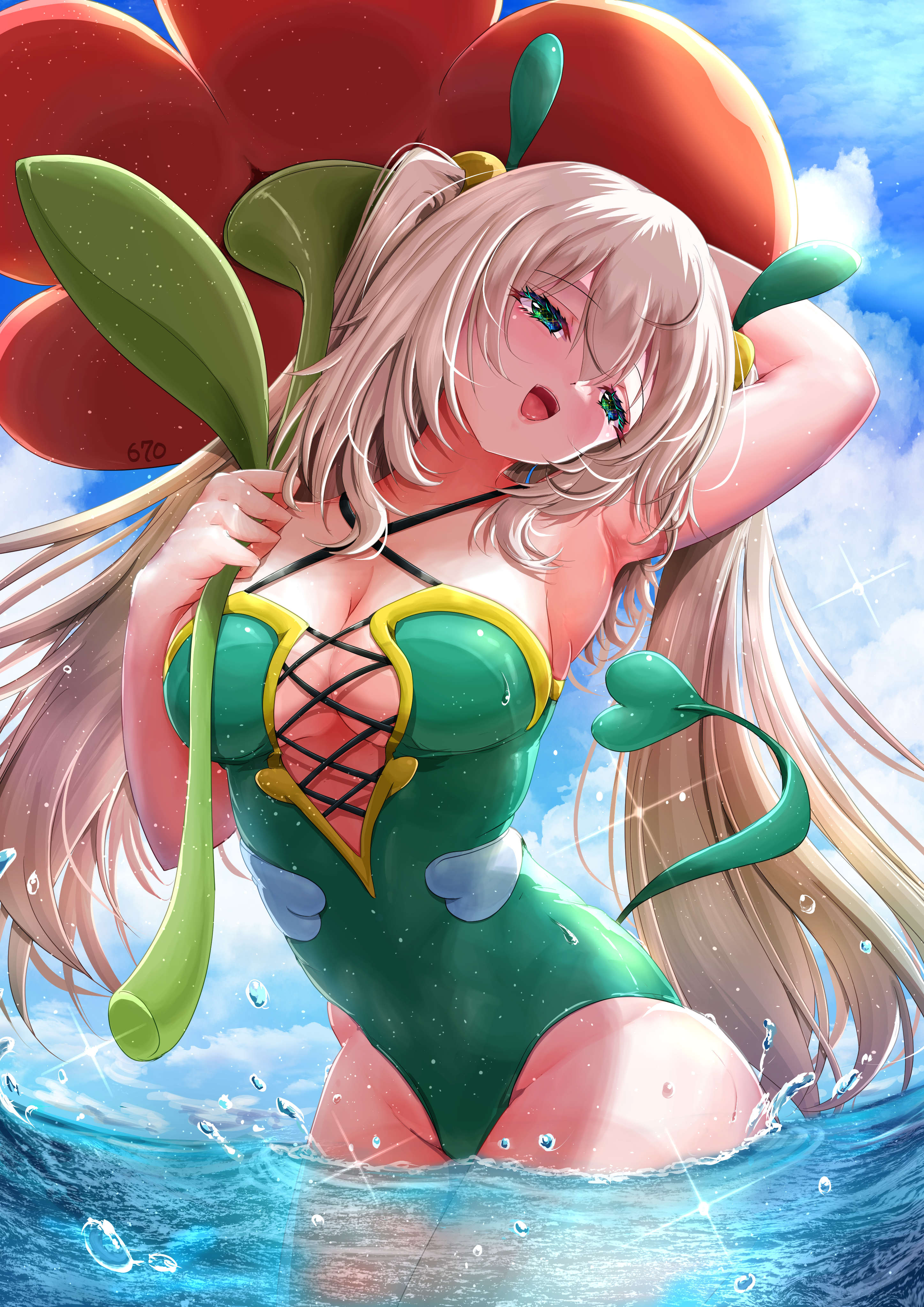 yellow-star-light, floette, nintendo, pokemon, absurdres, highres, 1girl, :d, aqua eyes, arm up, armpits, bad anatomy, blonde hair, breasts, flower, gen 6 pokemon, green one-piece swimsuit, hair ornament, holding, holding flower, medium breasts, one-piece swimsuit, open mouth, outdoors, personification, pokedex number, smile, swimsuit, tail, twintails, wading, water