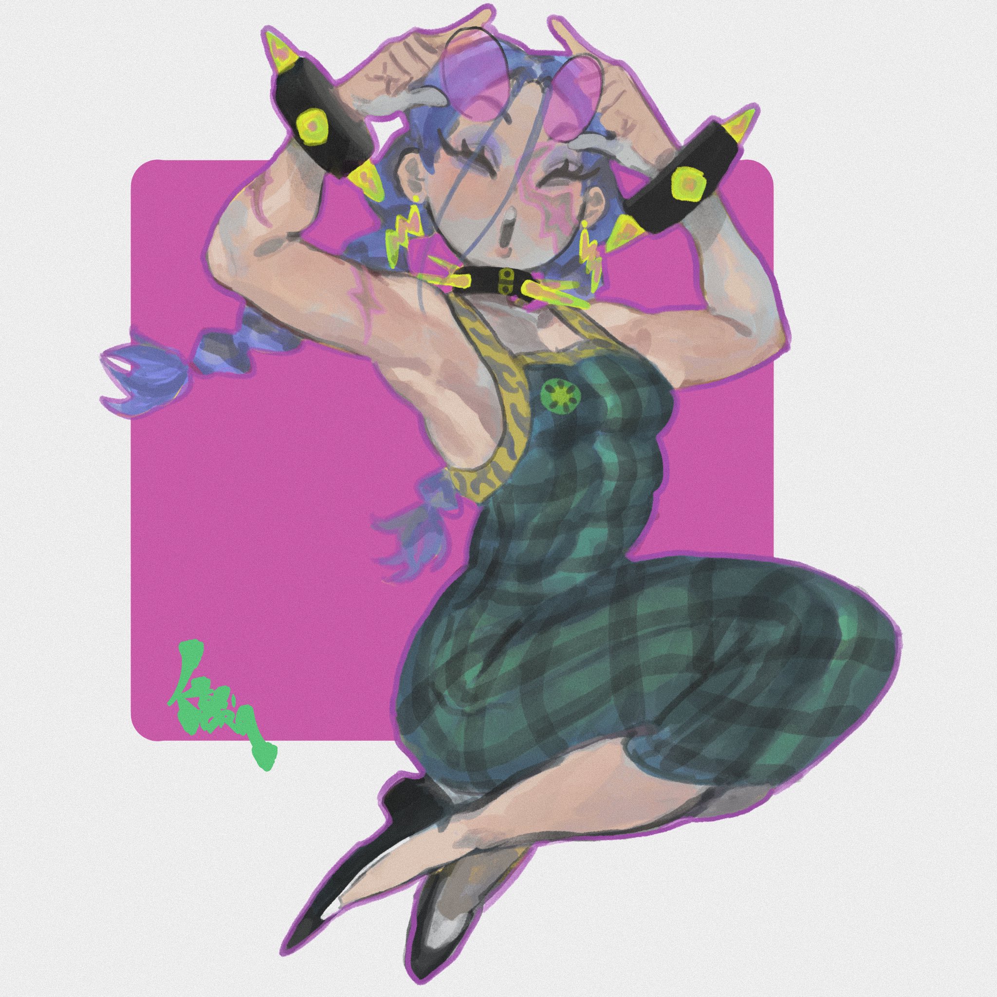keziedra, original, highres, 1girl, :o, adjusting eyewear, armpits, arms up, bracelet, braid, breasts, closed eyes, collar, dress, earrings, eyewear on head, full body, green dress, jewelry, knees up, lightning bolt earrings, lightning bolt symbol, long hair, low twintails, multiple scars, open mouth, outline, pale skin, pink-tinted eyewear, purple outline, round eyewear, scar, scar on arm, scar on face, sleeveless, sleeveless dress, solo, spiked bracelet, spiked collar, spikes, sunglasses, tapioca (keziedra), tinted eyewear, twin braids, twintails