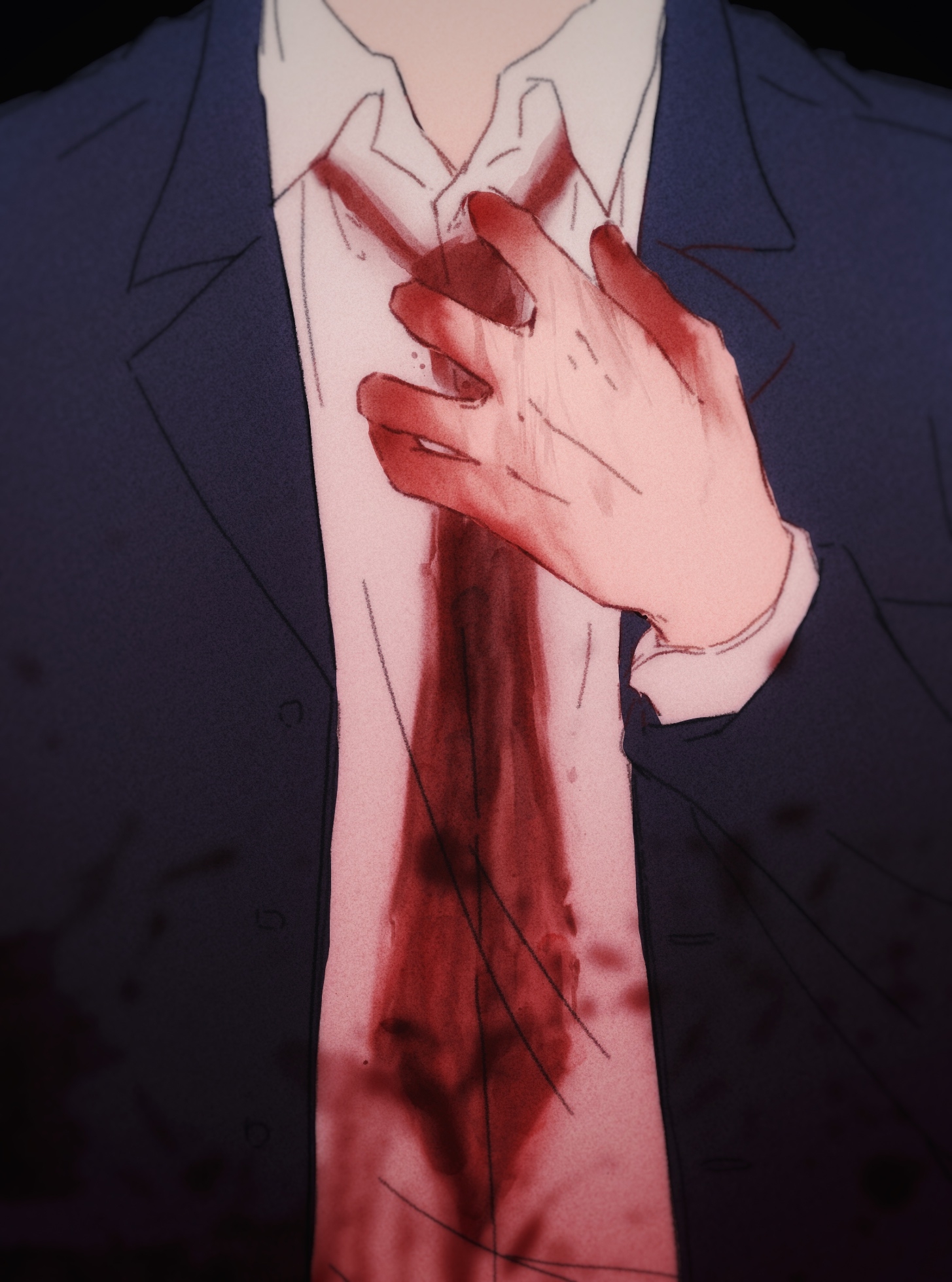 nailtoo, adachi tooru, persona, persona 4, chinese commentary, commentary request, highres, 1boy, black background, black jacket, blood, blood on clothes, blood on hands, collared shirt, formal clothes, head out of frame, jacket, long sleeves, male focus, necktie, shirt, suit, suit jacket, white shirt