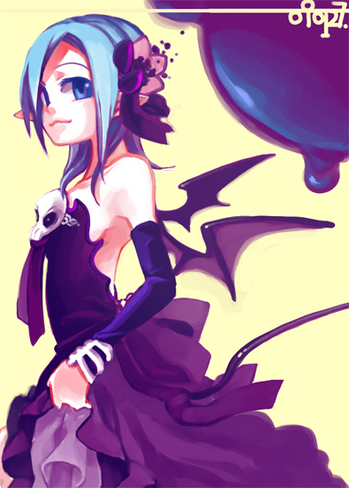 kaida michi, bad id, bad pixiv id, 1girl, bare shoulders, blue eyes, blue hair, demon girl, demon wings, dress, elbow gloves, female focus, flat chest, flower, gloves, hair flower, hair ornament, matching hair/eyes, pointy ears, profile, short hair, skull, smile, solo, tail, wings