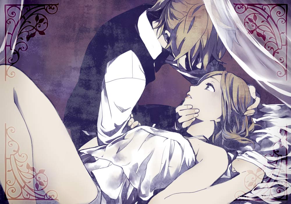 utako, kagamine len, kagamine rin, cendrillon (vocaloid), vocaloid, bad id, bad pixiv id, jpeg artifacts, 1boy, 1girl, blonde hair, brother and sister, couple, dress, formal clothes, hetero, incest, indoors, lying, ponytail, shaded face, short hair, siblings, skirt, twincest, twins, white skirt