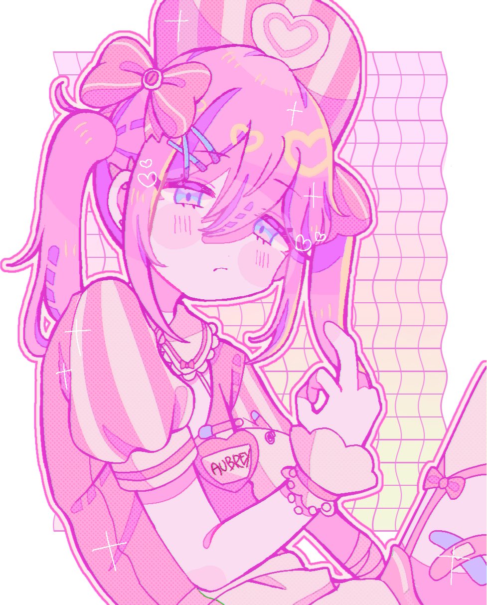 yo (wetpotatosunsun), aubrey (faraway) (omori), aubrey (omori), omori, commentary request, highres, 1girl, alternate costume, alternate hair length, alternate hairstyle, apron, bandaged arm, bandages, bandaid, bandaid on leg, bare arms, blue eyes, border, bow, character name, chromatic aberration, closed mouth, collared shirt, cowboy shot, crossed bandaids, double-parted bangs, film grain, frilled shirt collar, frills, frown, garter straps, gradient background, grid background, hair between eyes, hair bow, hair ornament, half-closed eyes, hand up, hat, hat ornament, heart, heart hat ornament, looking at viewer, medium hair, middle finger, outline, outside border, pink background, pink bow, pink hat, pink shirt, pink shorts, pink sweater vest, pink theme, puffy short sleeves, puffy sleeves, raised eyebrows, shirt, short sleeves, shorts, simple background, sitting, solo, sparkle, striped clothes, striped hat, striped headwear, striped shirt, sweater vest, twintails, two-tone shirt, vertical-striped clothes, vertical-striped headwear, vertical-striped shirt, waist apron, white apron, white border, white outline, white shirt, x hair ornament, yellow background