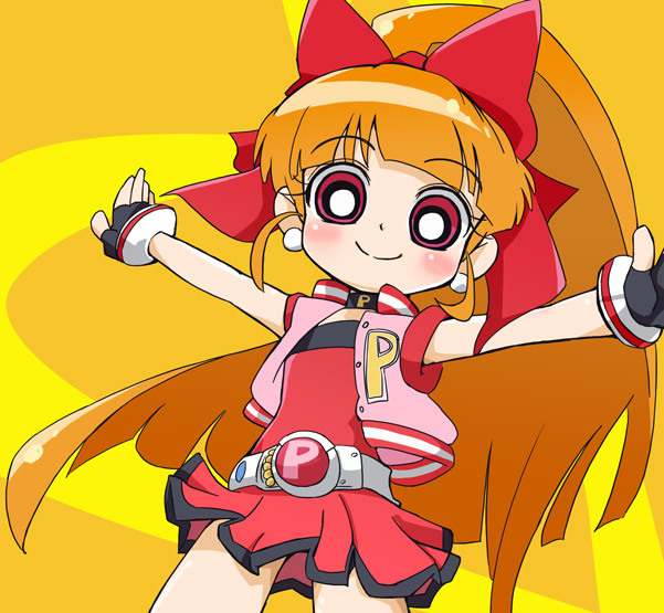 akazutsumi momoko, hyper blossom, powerpuff girls, powerpuff girls z, 00s, 1girl, belt, blush, bow, choker, dress, female focus, fingerless gloves, flat chest, gloves, hair bow, jacket, long hair, orange hair, outstretched arms, ponytail, red eyes, short dress, smile, solo, spread arms