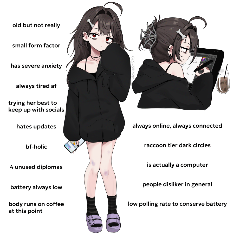 vickie (cryingrobot), original, 1girl, ahoge, artist name, bags under eyes, black jacket, black socks, bone hair ornament, brown hair, drawing (action), drawing tablet, ear piercing, english text, hair intakes, hair ornament, holding, holding phone, holding stylus, hood, hood down, hooded jacket, jacket, long hair, long sleeves, looking at viewer, multiple views, phone, piercing, red eyes, self-portrait, socks, stylus