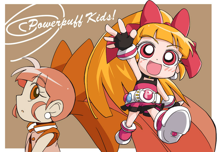 akazutsumi momoko, hyper blossom, powerpuff girls, powerpuff girls z, 00s, 2girls, bow, chibi, long hair, multiple girls, orange hair, waving
