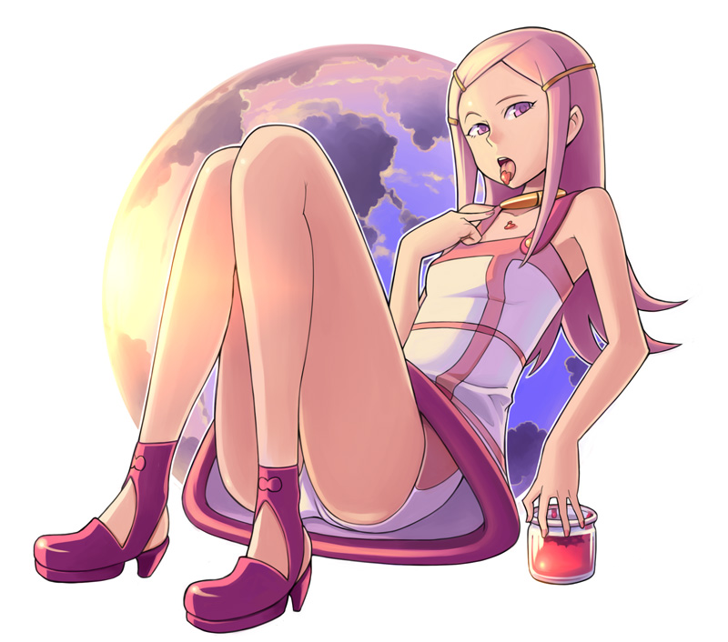 bowieknife, anemone (eureka seven), eureka seven, eureka seven (series), platform footwear, 00s, 1girl, boyshort panties, dress, female focus, flat chest, hair ornament, hairclip, high heels, jam, legs, long hair, long legs, pink eyes, pink hair, platform heels, platform shoes, shoes, solo