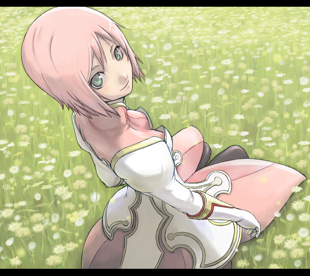 tea (nakenashi), estellise sidos heurassein, tales of (series), tales of vesperia, bad id, bad pixiv id, 00s, 1girl, female focus, field, flower, from above, green eyes, kneeling, letterboxed, pink hair, short hair, sitting, smile, solo
