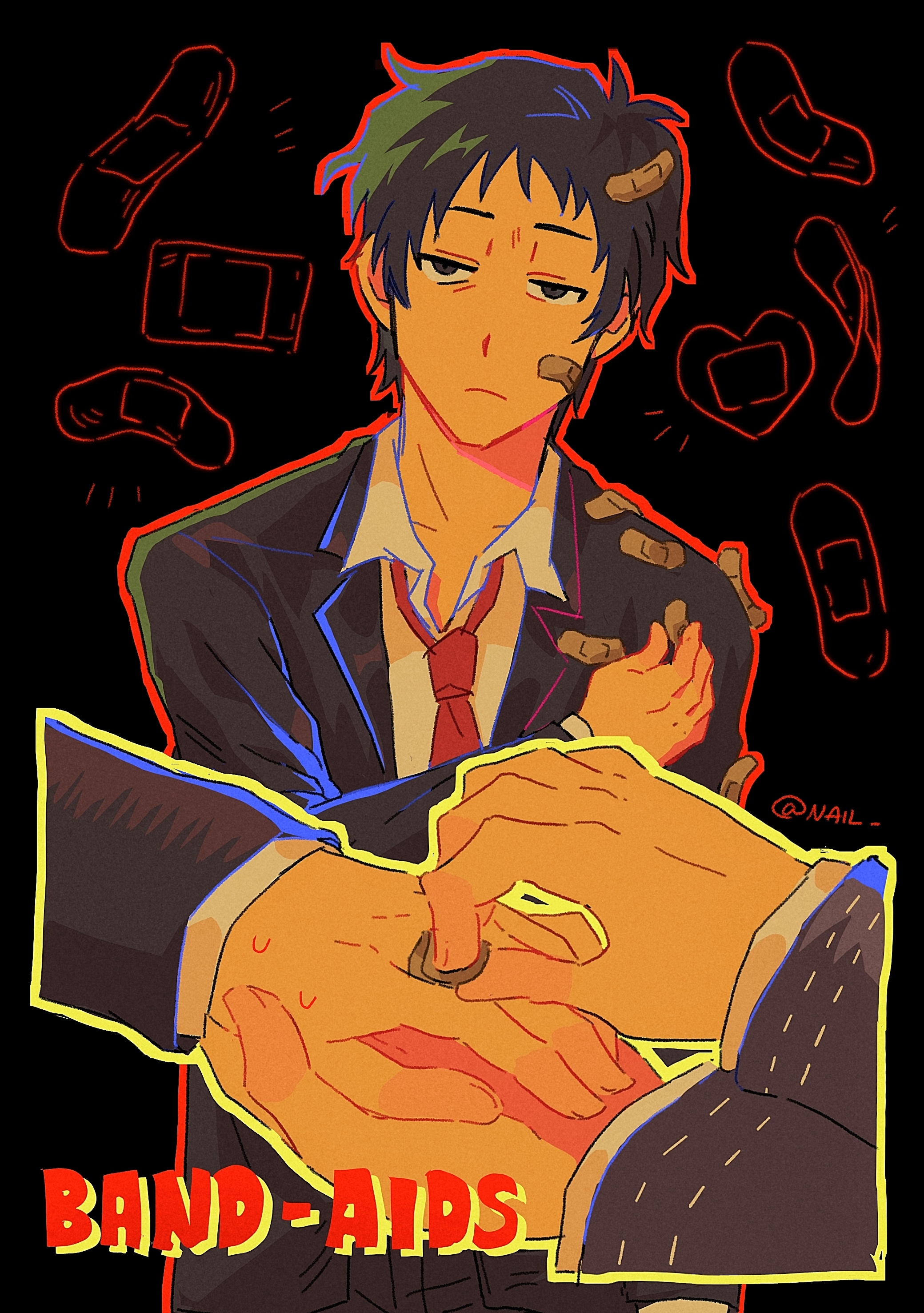 nailtoo, adachi tooru, narukami yu, persona, persona 4, absurdres, chinese commentary, commentary request, highres, 2boys, bandaid, bandaid on face, bandaid on hand, bandaid on head, bandaid on shoulder, black background, black hair, black jacket, closed mouth, collared shirt, english text, formal clothes, frown, grey eyes, half-closed eyes, hand focus, holding bandaid, jacket, long sleeves, looking at viewer, male focus, multiple boys, necktie, out of frame, red necktie, shirt, short hair, simple background, suit, upper body, white shirt