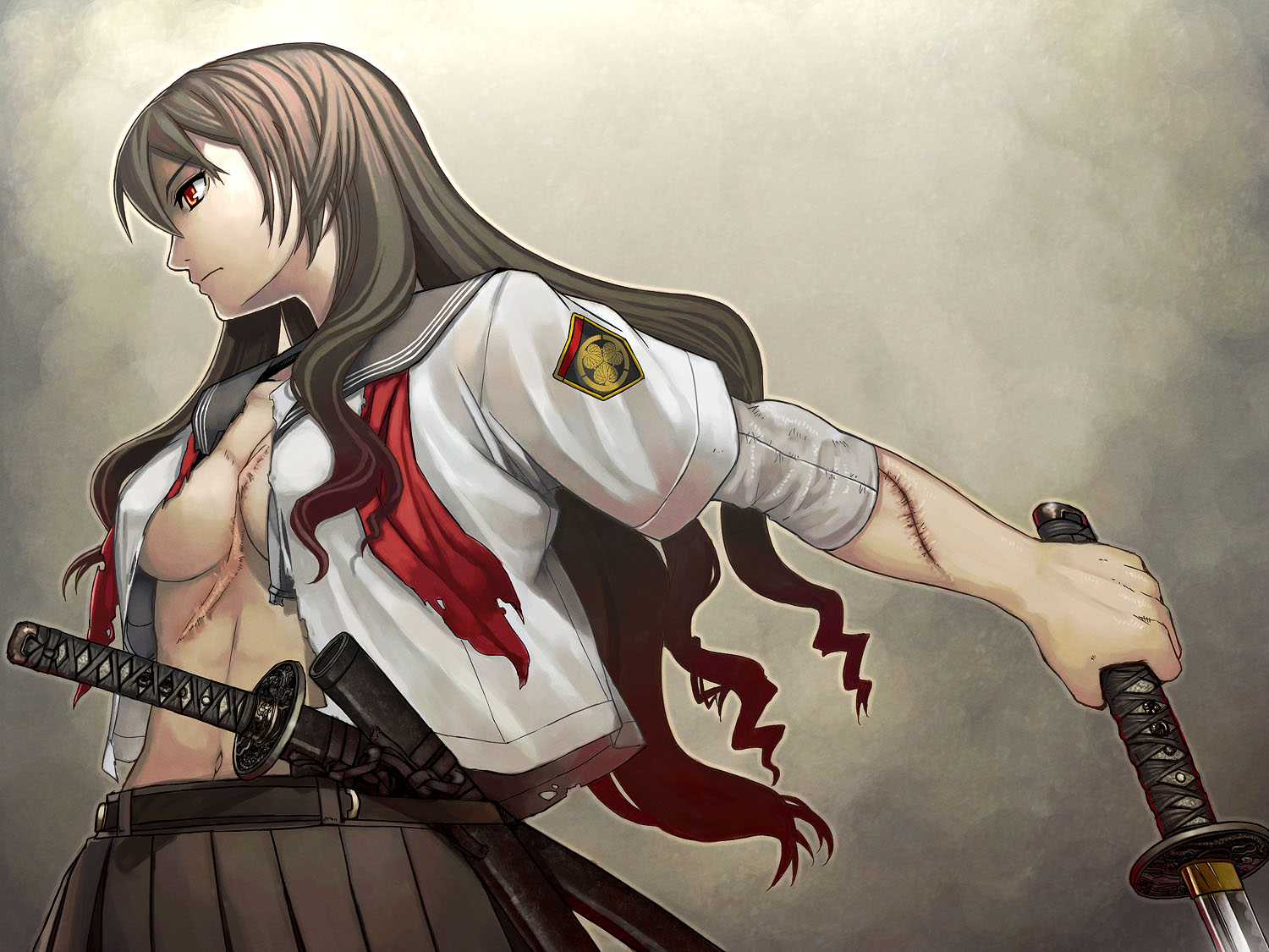 itou (onsoku tassha), 1girl, bandages, breasts, brown hair, female focus, katana, large breasts, long hair, open clothes, open shirt, orange eyes, red eyes, scar, school uniform, shirt, skirt, solo, stitches, sword, torn clothes, weapon