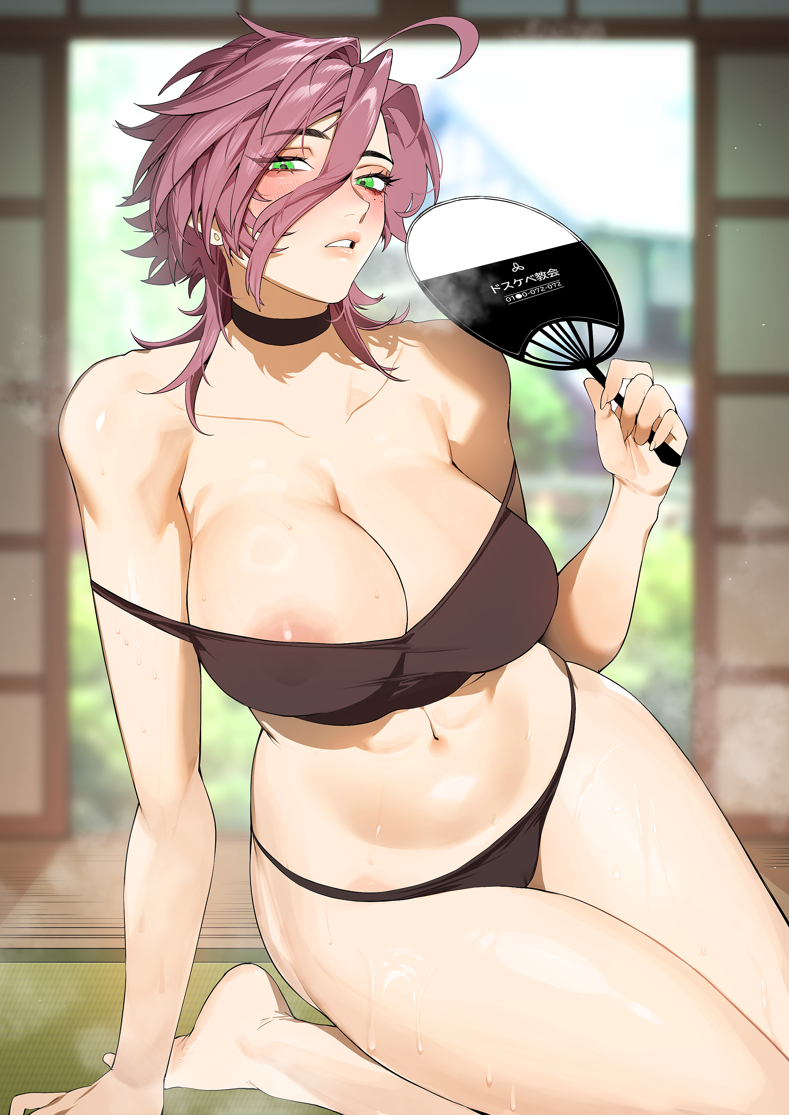 shishamo 712, original, absurdres, commentary, highres, 1girl, ahoge, areola slip, arm support, bare arms, bare legs, bare shoulders, barefoot, black camisole, black choker, black panties, blurry, blurry background, blush, breasts, breath, camisole, choker, double strap slip, earrings, fanning self, feet, green eyes, hair between eyes, hand fan, holding, holding fan, hot, indoors, jewelry, large breasts, long hair between eyes, looking at viewer, medium hair, mole, mole under eye, navel, panties, parted lips, purple hair, shouji, sliding doors, solo, steaming body, string panties, stud earrings, sweat, tatami, underwear