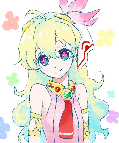 nia teppelin, tengen toppa gurren lagann, lowres, + +, 00s, armlet, cross-shaped pupils, dress, flower, hair flower, hair ornament, jewelry, long hair, multicolored hair, pink dress, smile, solo, symbol-shaped pupils