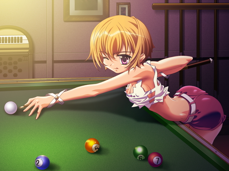 sugiyama genshou, hyuuga makoto (cipher), hyuuga makoto (juujigen rippoutai cipher), juujigen rippoutai cipher, game cg, 1girl, :p, ;p, ;q, arched back, ball, bare shoulders, belt, billiard ball, billiards, blonde hair, breasts, covered erect nipples, cue stick, downblouse, female focus, nipple slip, nipples, one eye closed, purple eyes, short hair, short shorts, shorts, sideboob, solo, tongue, tongue out, wink