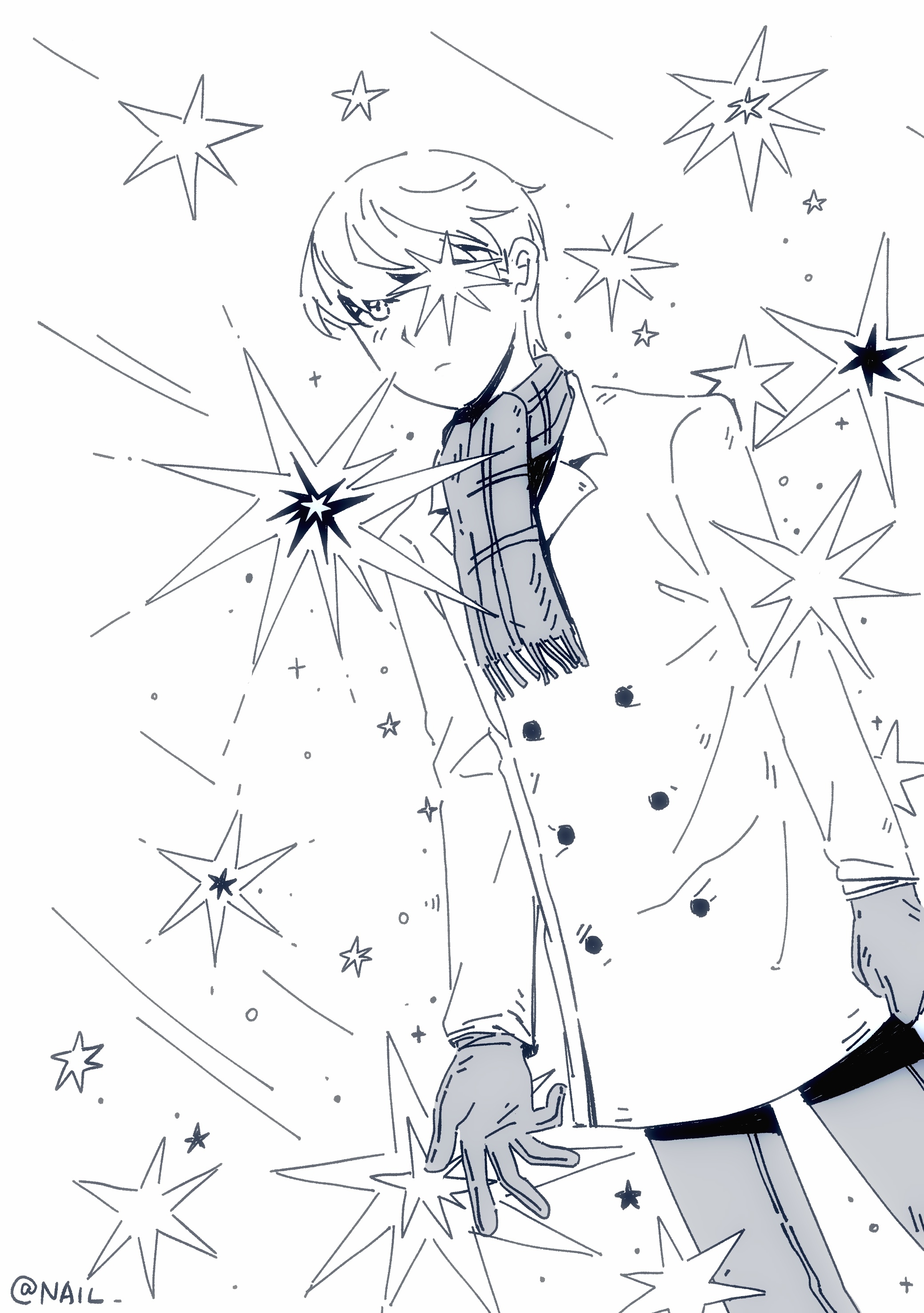 nailtoo, narukami yu, persona, persona 4, absurdres, chinese commentary, commentary request, highres, 1boy, artist name, closed mouth, coat, dutch angle, gloves, greyscale, long sleeves, male focus, monochrome, one eye covered, pants, scarf, short hair, simple background, solo, standing, star (symbol), white background