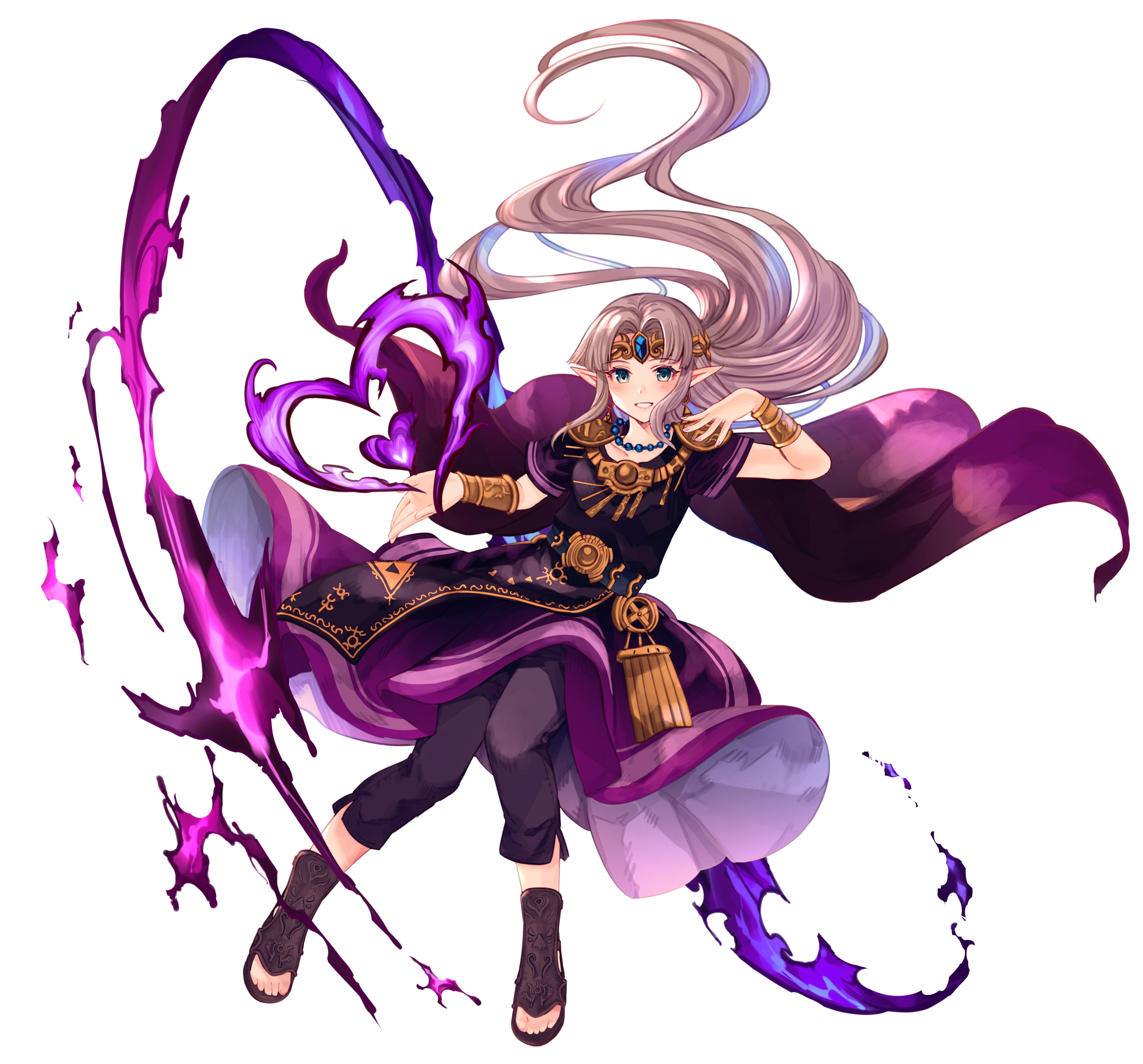 asada sadao, princess zelda, nintendo, super smash bros., the legend of zelda, the legend of zelda: a link between worlds, absurdres, commentary request, highres, 1girl, belt, blue gemstone, braid, brown hair, brown sandals, circlet, crown braid, dress, fire, floating hair, full body, gem, green eyes, grin, long hair, official alternate color, pants, pants under dress, pink hair, pointy ears, princess, purple dress, purple fire, purple pants, sandals, simple background, smile, solo, very long hair, white background