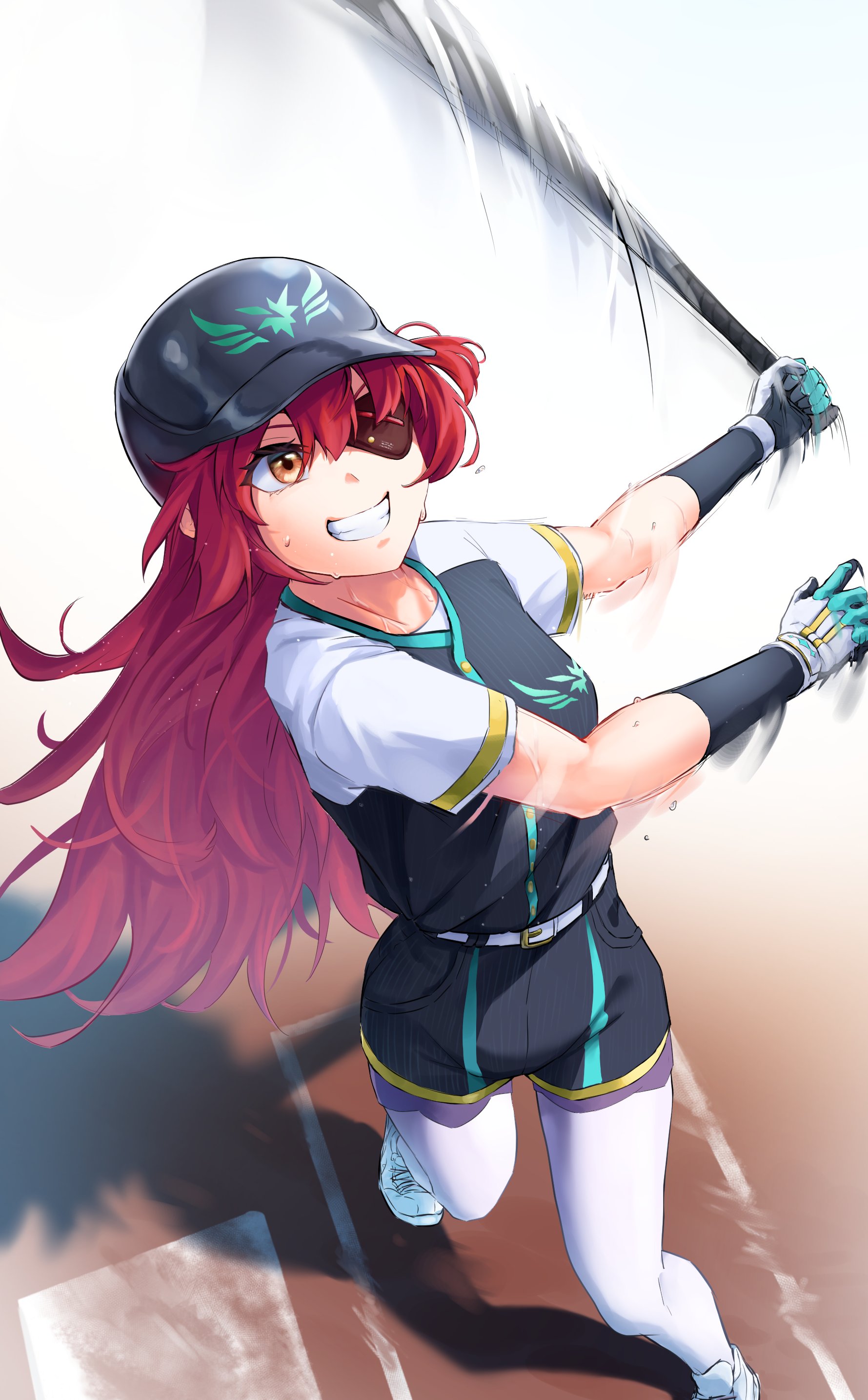 narumi sage, asami makiko (heaven burns red), heaven burns red, absurdres, highres, 1girl, baseball, baseball bat, baseball cap, baseball uniform, belt, black shirt, black shorts, clenched teeth, eyepatch, gloves, green gloves, grin, hair between eyes, hat, helmet, holding, holding baseball bat, long hair, motion blur, one eye covered, one side up, pantyhose, pantyhose under shorts, red eyes, red hair, shirt, shoes, short sleeves, shorts, smile, solo, sportswear, sweat, teeth, two-tone gloves, very long hair, white pantyhose, yellow eyes