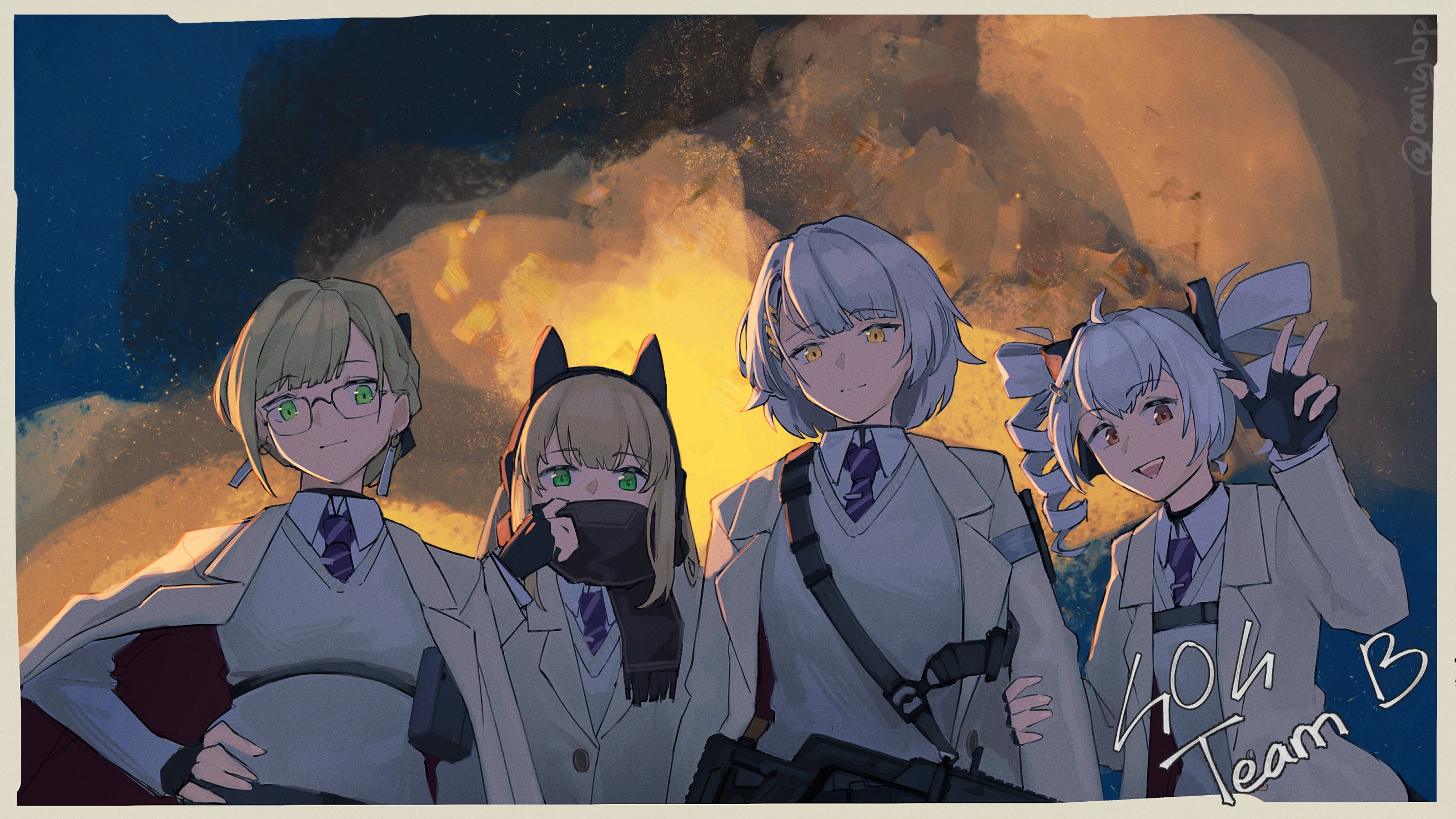 omiglop, harpsy (girls' frontline 2), pp-90 (girls' frontline), tmp (girls' frontline), vector (girls' frontline), vector (girls' frontline 2), vector (vivi sometimes hides her molotovs) (girls' frontline 2), welrod (girls' frontline 2), welrod mkii (girls' frontline), girls' frontline, girls' frontline 2: exilium, commentary, english commentary, highres, 4girls, animal ear headphones, animal ears, black gloves, blonde hair, bow, cat ear headphones, cat ears, closed mouth, collared shirt, drill hair, fake animal ears, glasses, gloves, green eyes, grey hair, gun, hair ornament, headphones, jacket, long hair, long sleeves, looking at viewer, looking down, multiple girls, necktie, official alternate costume, open clothes, open mouth, purple necktie, ruchey (girls' frontline 2), shirt, short hair, twitter username, upper body, v, weapon, white shirt