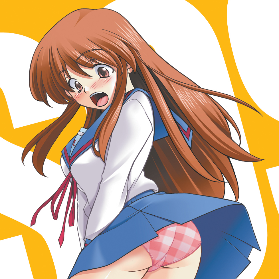 hozumi takashi, asahina mikuru, suzumiya haruhi no yuuutsu, 00s, 1girl, ass, brown eyes, brown hair, checkered clothes, checkered panties, clothes lift, embarrassed, female focus, long hair, panties, pantyshot, plaid clothes, plaid panties, school uniform, serafuku, skirt, skirt lift, solo, trefoil, underwear, upskirt, wind, wind lift