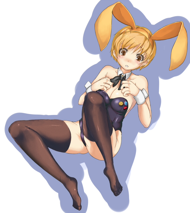 pro, satonaka chie, atlus, persona, persona 4, 1girl, animal ears, black thighhighs, blonde hair, breasts, brown eyes, cleavage, detached collar, fake animal ears, feet, female focus, large breasts, leotard, no shoes, playboy bunny, rabbit ears, short hair, solo, strapless, strapless leotard, thighhighs, white background, wrist cuffs