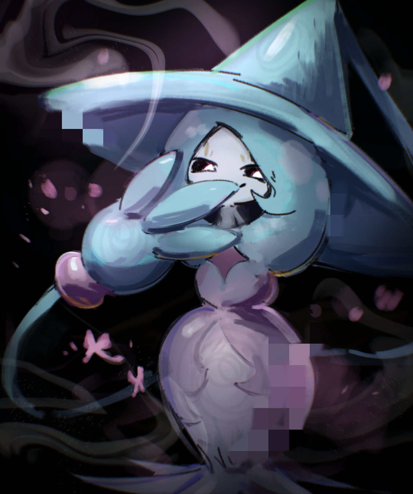hatterene, nintendo, pokemon, highres, 1girl, black background, black sclera, blue hair, bug, butterfly, colored sclera, colored skin, full body, gen 8 pokemon, hat, insect, kairi 151, long hair, looking at viewer, pink hair, pokemon (creature), prehensile hair, simple background, solo, standing, white eyes, white skin, witch hat