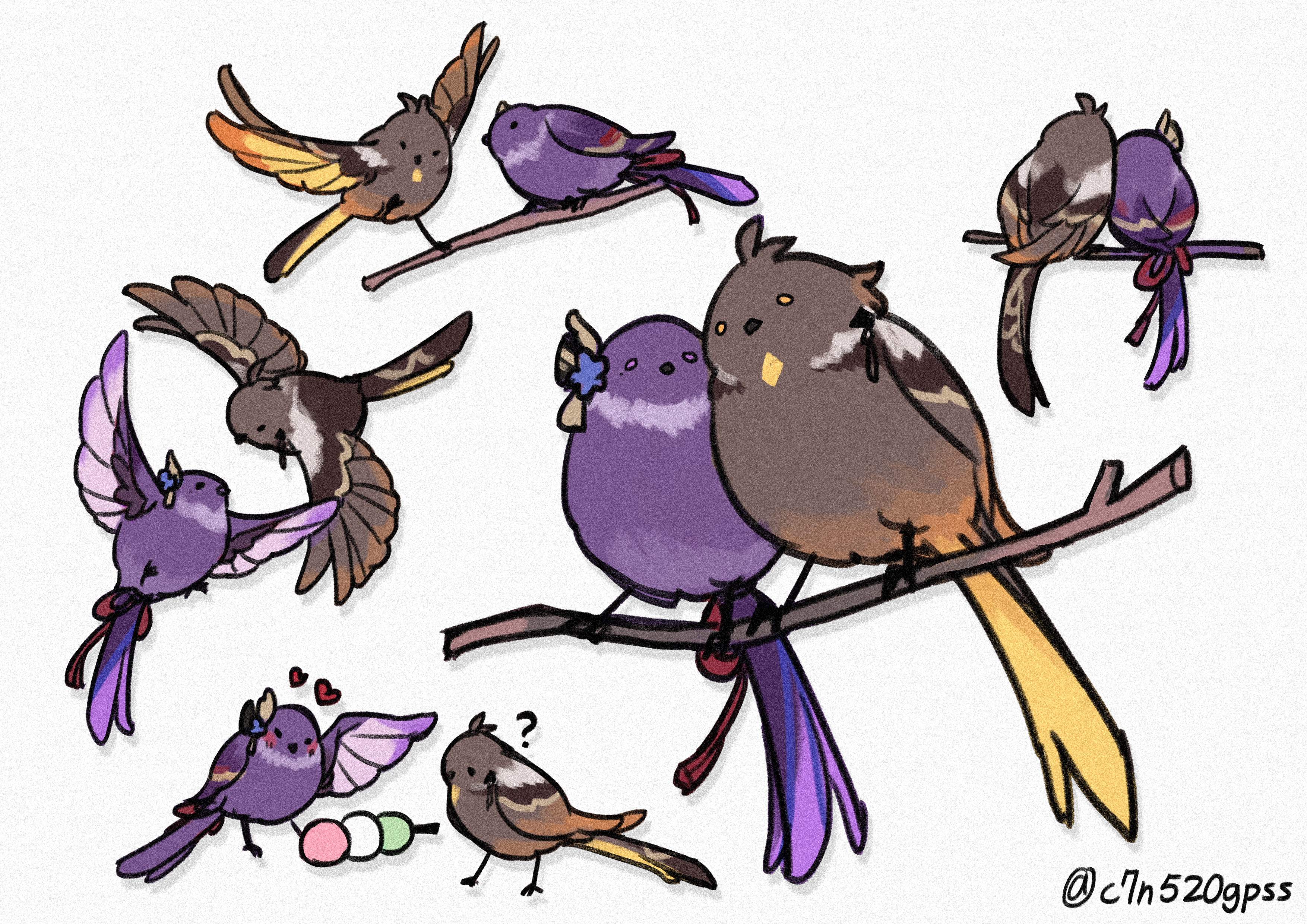 c520gpss, raiden shogun, zhongli (genshin impact), genshin impact, absurdres, chinese commentary, highres, animalization, artist name, beak, bird, branch, brown bird, couple, dango, food, grey background, hair ornament, heart, lofter username, purple bird, wagashi, wings