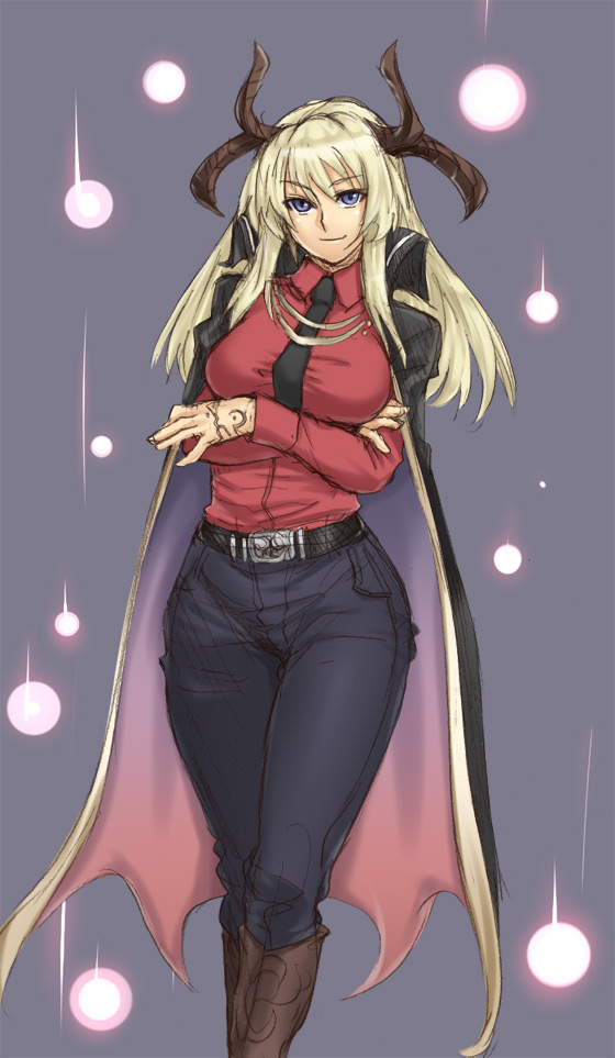 houtengeki, 1girl, belt, blonde hair, blue eyes, boots, breasts, cape, cowboy boots, curvy, denim, female focus, hip focus, horns, jeans, large breasts, long hair, necktie, pants, smile, solo, wide hips