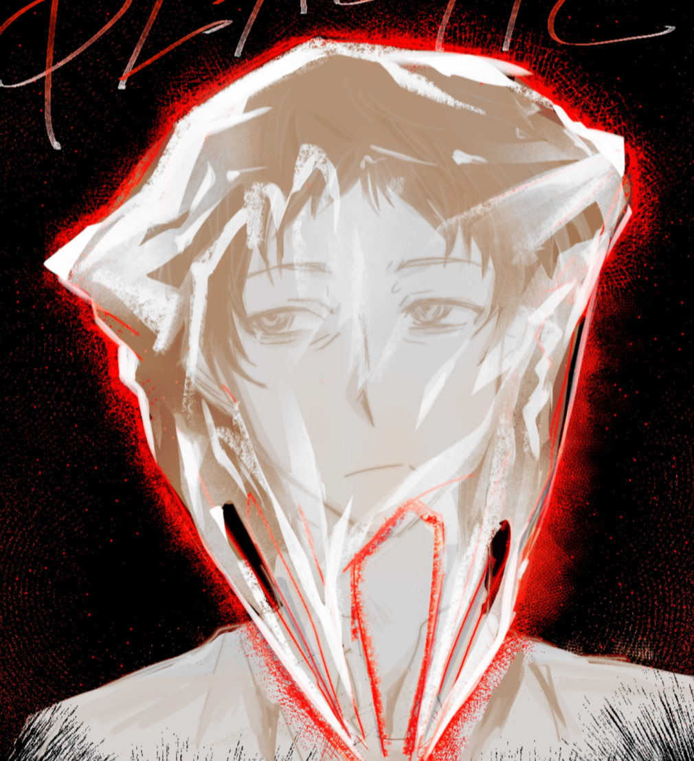 nailtoo, adachi tooru, persona, persona 4, chinese commentary, commentary request, 1boy, bag, bag over head, black background, closed mouth, frown, looking to the side, male focus, plastic bag, portrait, short hair, simple background