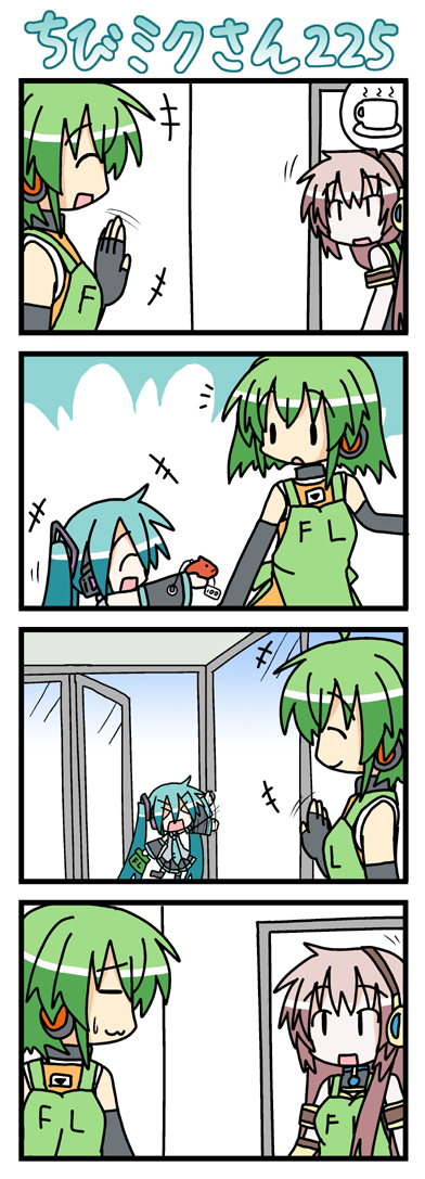 minami (colorful palette), capybara-san, chibi miku, fl-chan, hatsune miku, megurine luka, fl studio, vocaloid, long image, tall image, > <, 4koma, :3, capybara, chibi, closed eyes, comic, fingerless gloves, gloves, silent comic, stuffed animal, stuffed toy, sweat, waving