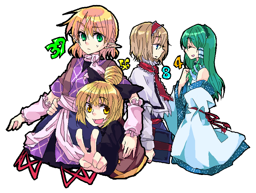 tadano kagekichi, alice margatroid, kochiya sanae, kurodani yamame, mizuhashi parsee, touhou, bad id, bad pixiv id, 4girls, :d, bare shoulders, blonde hair, detached sleeves, expressionless, female focus, frog hair ornament, from side, green eyes, green hair, hair ornament, multiple girls, open mouth, pointy ears, profile, simple background, sitting, smile, white background