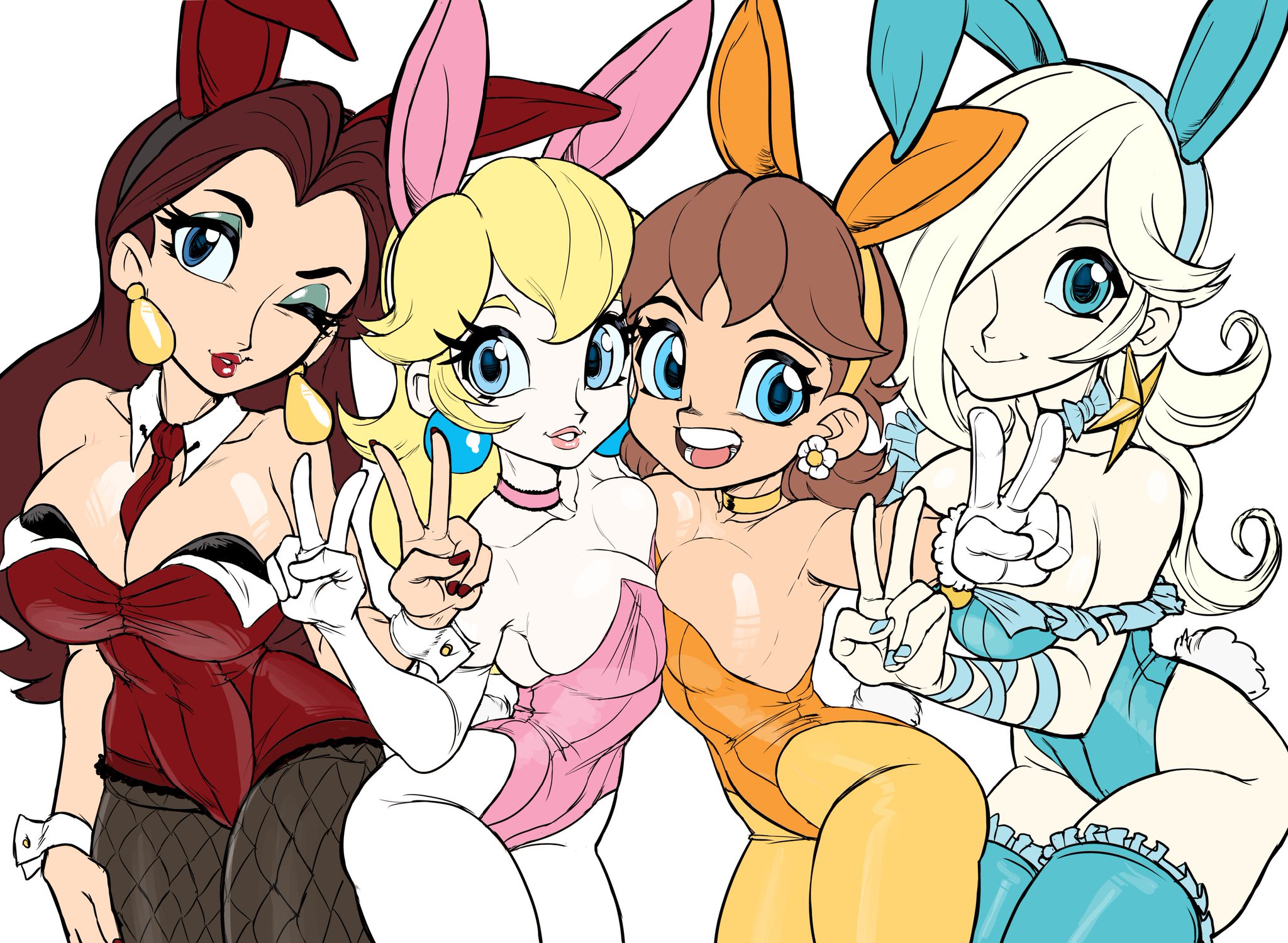 teevo, pauline (mario), princess daisy, princess peach, rosalina, 4girls, asymmetrical docking, blonde hair, blue eyes, bow, breast press, breasts, brown eyes, brown hair, choker, detached collar, earrings, flower earrings, hair over one eye, headband, jewelry, lace, lace trim, leotard, long hair, looking at viewer, medium breasts, multiple girls, necktie, one eye closed, one eye covered, playboy bunny, rabbit ears, rabbit tail, star (symbol), star earrings, thighhighs, victory pose, wink, wrist cuffs