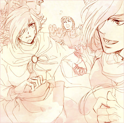 nama (pixiv423000), gourry gabriev, xelloss, zelgadiss graywords, slayers, bad id, bad pixiv id, 3boys, 3girls, male focus, monochrome, multiple boys, multiple girls, pink theme, yellow background