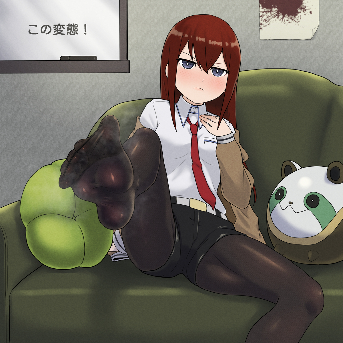 urin (littleurin), makise kurisu, science adventure, steins;gate, highres, 1girl, black pantyhose, black shorts, blue eyes, blush, bow, bowtie, feet, foot focus, no shoes, pantyhose, pantyhose under shorts, red bow, red bowtie, red hair, shorts, sitting, smell, soles, solo, spread toes, toes