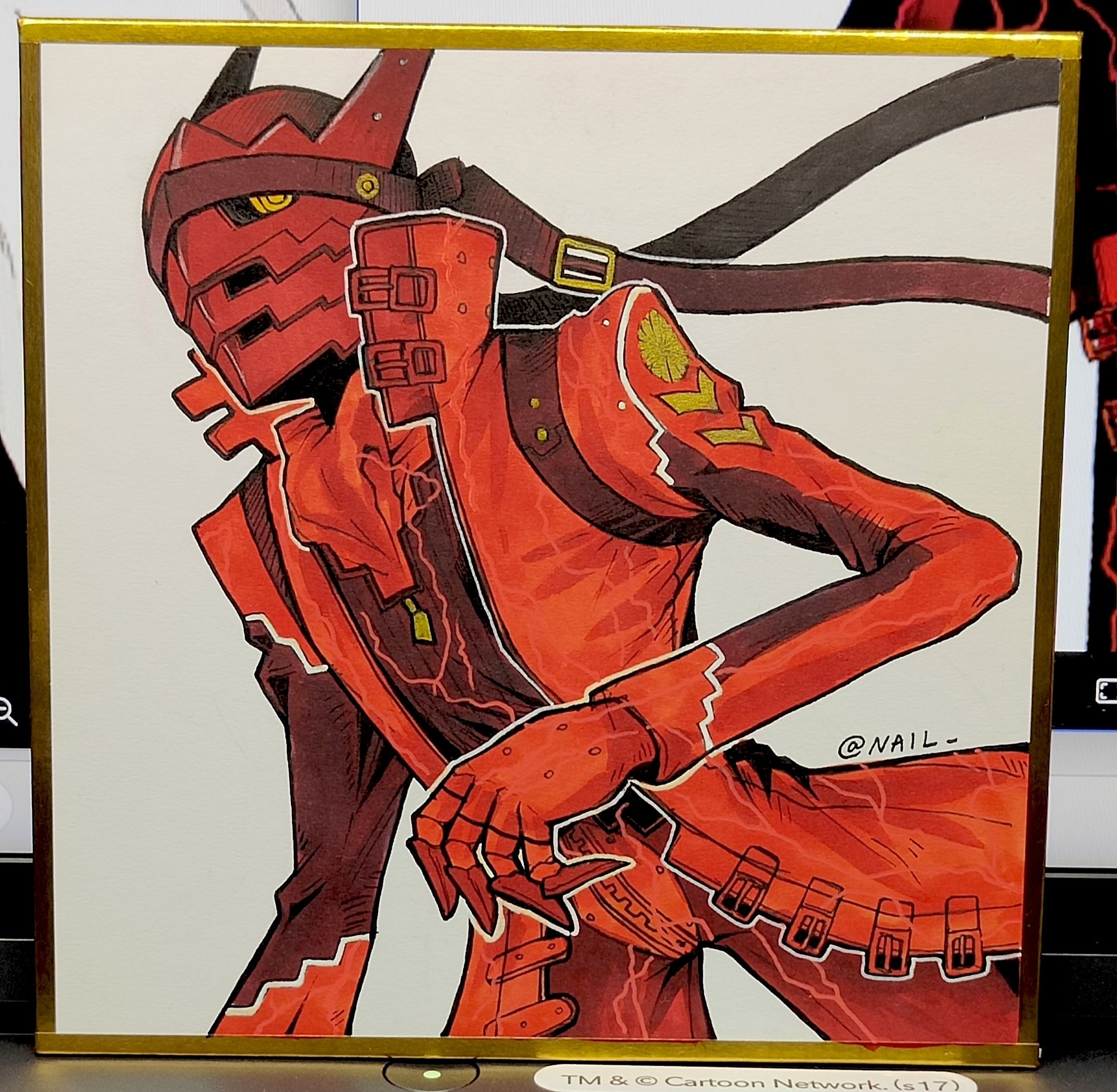 nailtoo, magatsu izanagi, persona, persona 4, chinese commentary, commentary request, highres, photo (medium), traditional media, 1boy, artist name, coat, headband, male focus, mask, persona (summon), red coat, red theme, simple background, solo, white background, yellow eyes