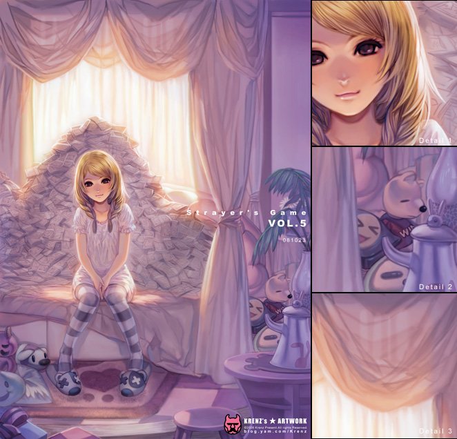 krenz, original, 1girl, bed, bedroom, blonde hair, legs, lips, money, sitting, slippers, smile, striped clothes, striped thighhighs, thighhighs