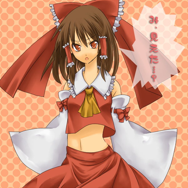 inawa akito, vermillion, hakurei reimu, touhou, bad id, bad pixiv id, 1girl, brown hair, detached sleeves, female focus, japanese clothes, miko, navel, solo