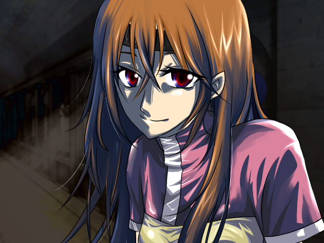 inawa akito, vermillion, lina inverse, slayers, bad id, bad pixiv id, 1girl, brown hair, closed mouth, dress, expressionless, female focus, hair between eyes, head tilt, headband, long hair, looking at viewer, pink dress, pink shirt, red eyes, shaded face, shirt, short sleeves, smile, solo, upper body