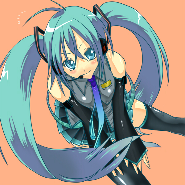 inawa akito, vermillion, hatsune miku, vocaloid, bad id, bad pixiv id, 1girl, aqua eyes, aqua hair, bare shoulders, black thighhighs, detached sleeves, elbow gloves, female focus, gloves, green hair, headphones, headset, long hair, necktie, skirt, solo, thighhighs, twintails, very long hair, zettai ryouiki