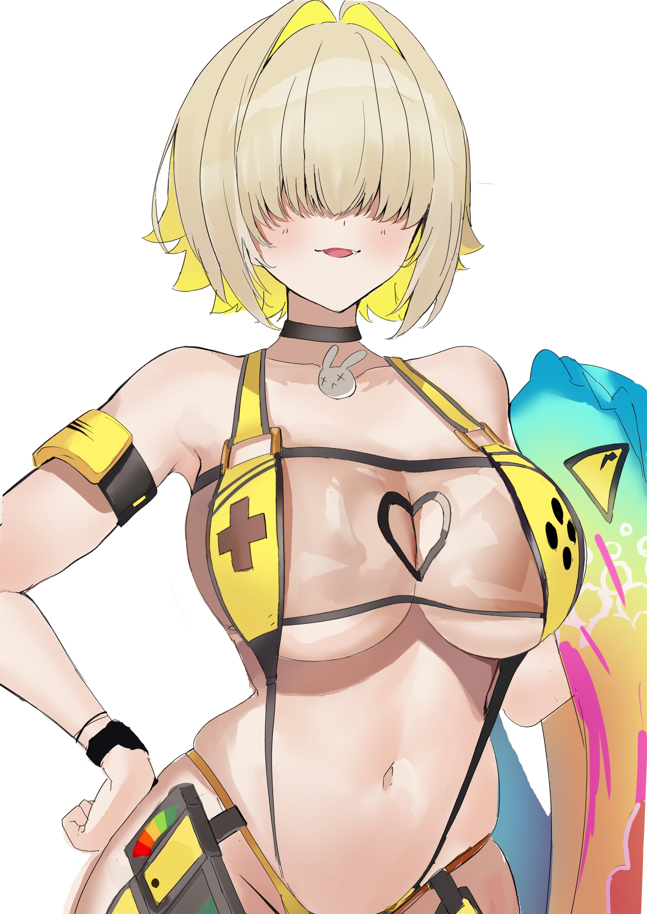 nakano kura, elegg (boom and shock) (nikke), elegg (nikke), goddess of victory: nikke, absurdres, highres, 1girl, clothing cutout, hair intakes, hair over eyes, heart cutout, long bangs, official alternate costume, rabbit choker, rabbit ornament, see-through slingshot swimsuit, simple background, slingshot swimsuit, solo, swimsuit, white background, yellow slingshot swimsuit