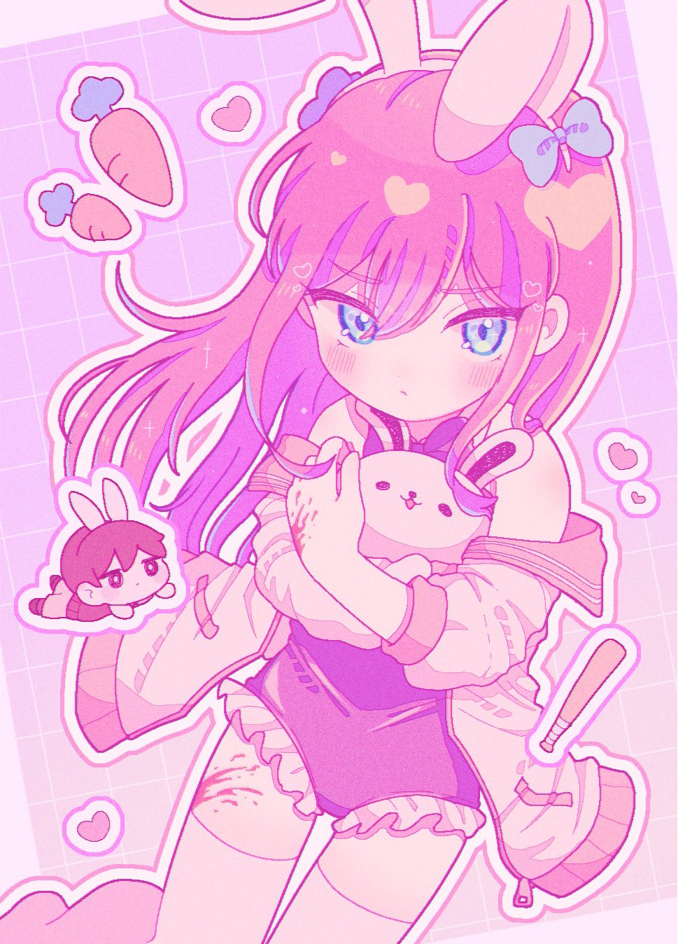 yo (wetpotatosunsun), aubrey (faraway) (omori), aubrey (omori), forest bunny (omori), sunny (omori), omori, commentary request, highres, 1boy, 1girl, alternate costume, animal, animal ear hairband, animal ears, bare shoulders, baseball bat, blood, blood on hands, blood on leg, blue bow, blush, bow, bright pupils, carrot, chibi, chibi inset, chromatic aberration, closed mouth, double-parted bangs, fake animal ears, feet out of frame, film grain, frilled leotard, frills, from above, frown, grid background, hair behind ear, hair between eyes, hair bow, hairband, heart, holding, holding animal, holding rabbit, jacket, jacket partially removed, leotard, long hair, long sleeves, looking at viewer, no nose, open clothes, open jacket, outline, pink hair, playboy bunny, puffy long sleeves, puffy sleeves, purple background, purple leotard, rabbit, rabbit ear hairband, rabbit ears, sailor collar, simple background, solo, solo focus, swept bangs, thigh gap, thighhighs, v-shaped eyebrows, very long hair, white hairband, white jacket, white outline, white pupils, white rabbit (animal), white thighhighs, yellow sailor collar