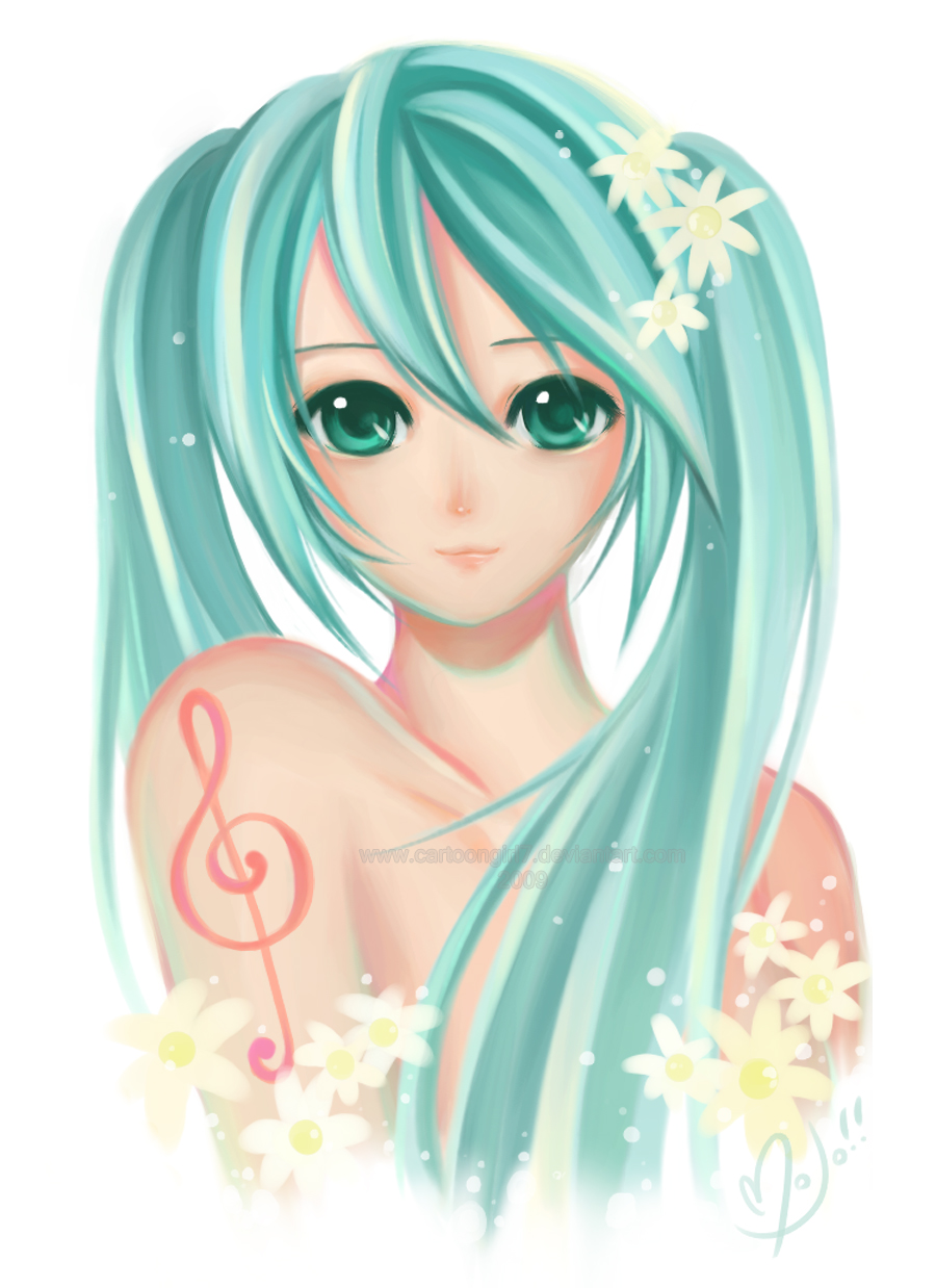 hatsune miku, vocaloid, highres, tagme, aqua eyes, aqua hair, flower, music, simple background, tattoo, twintails