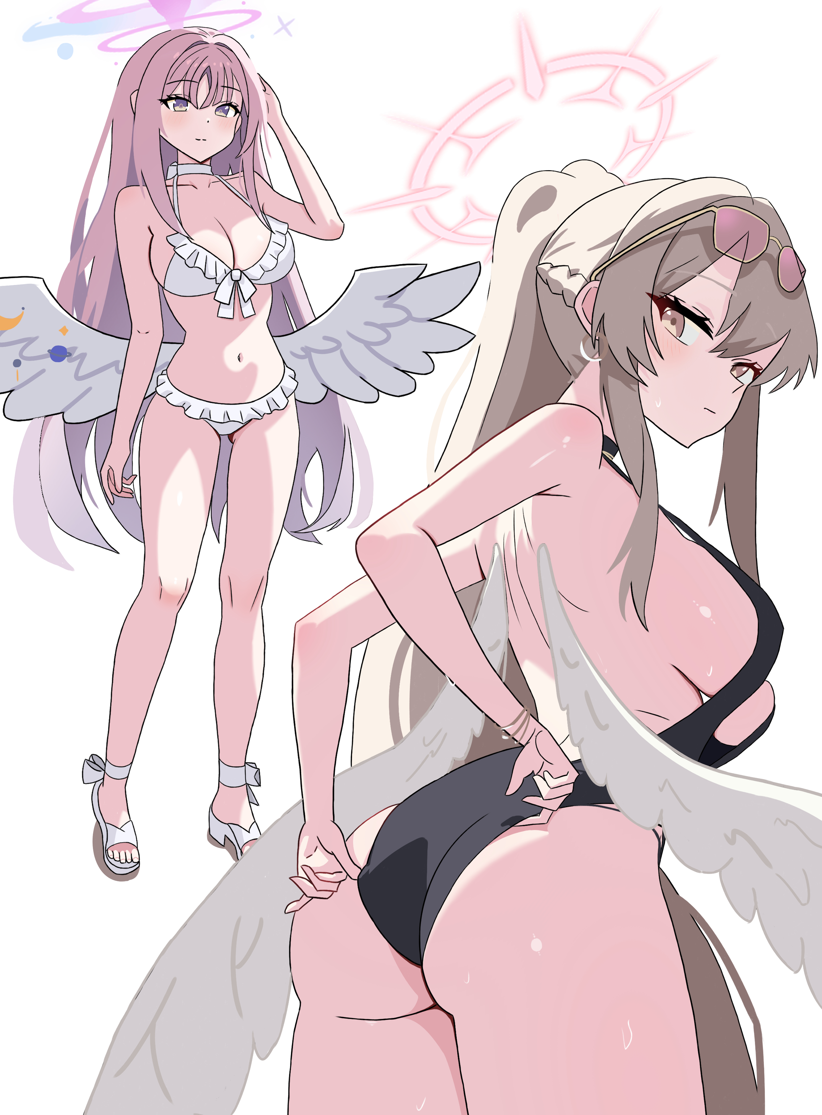 midang, mika (blue archive), mika (swimsuit) (blue archive), nagisa (blue archive), nagisa (swimsuit) (blue archive), blue archive, absurdres, highres, 2girls, ass, bikini, black one-piece swimsuit, feathered wings, halo, low wings, multiple girls, official alternate costume, official alternate hairstyle, one-piece swimsuit, pink halo, simple background, swimsuit, white background, white bikini, white wings, wings