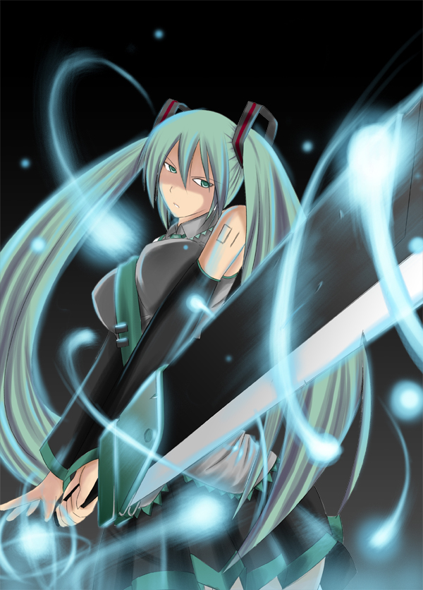 hatsune miku, vocaloid, aqua eyes, aqua hair, detached sleeves, long hair, necktie, shirt, skirt, sword, twintails, weapon